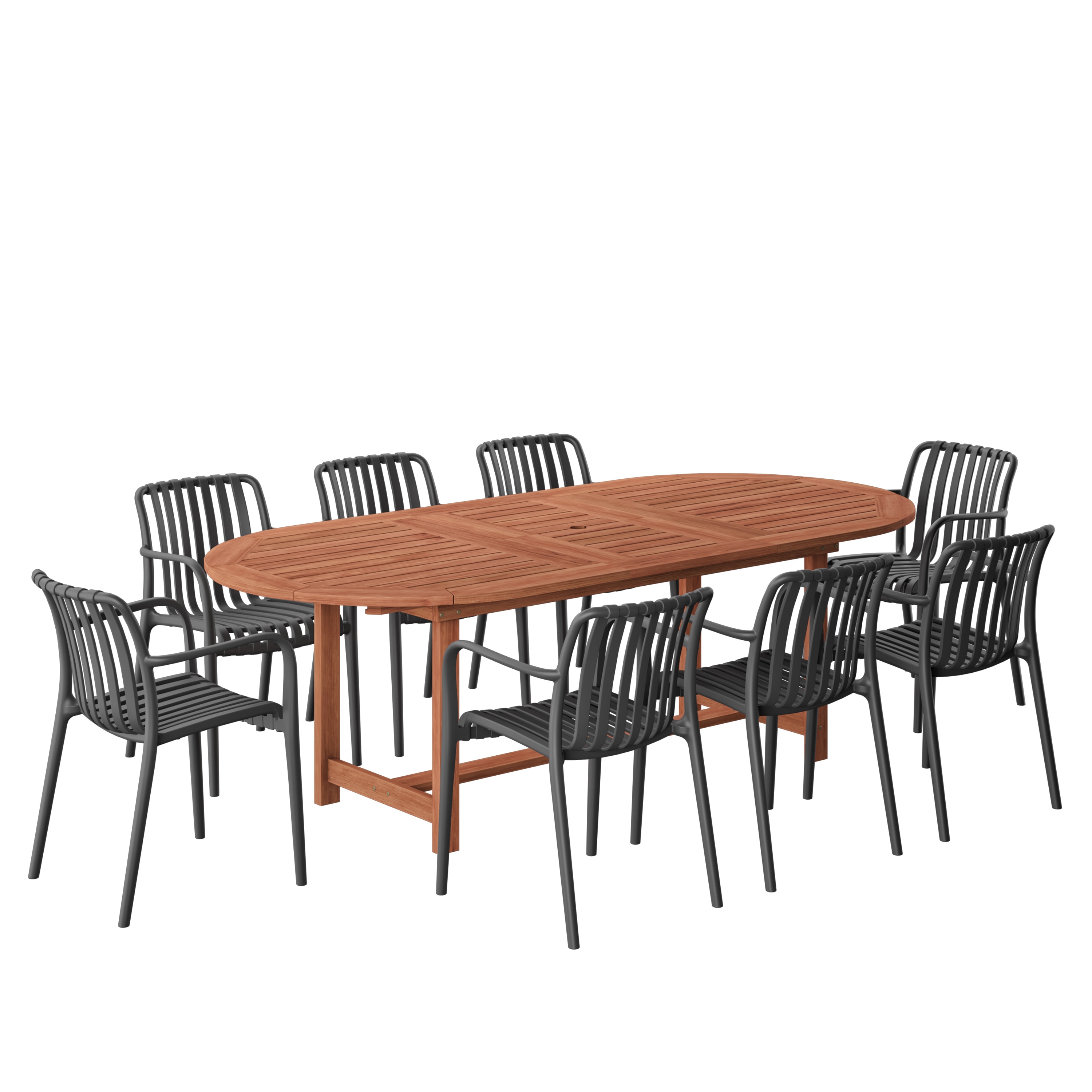 Amazonia LWS-359-8-CURA-BK 9 -Piece Wood Patio Dining Set Extendable Table Wood Oval Table with 8 Stackable Stationary and Motion Chairs