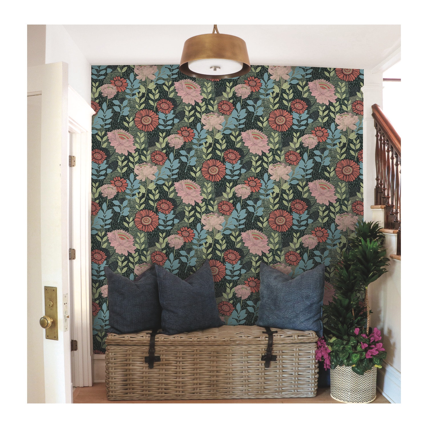 RoomMates RMK12575RL 28.29-Sq. Feet Green/Pink Vinyl Floral Self-adhesive Peel and Stick Wallpaper