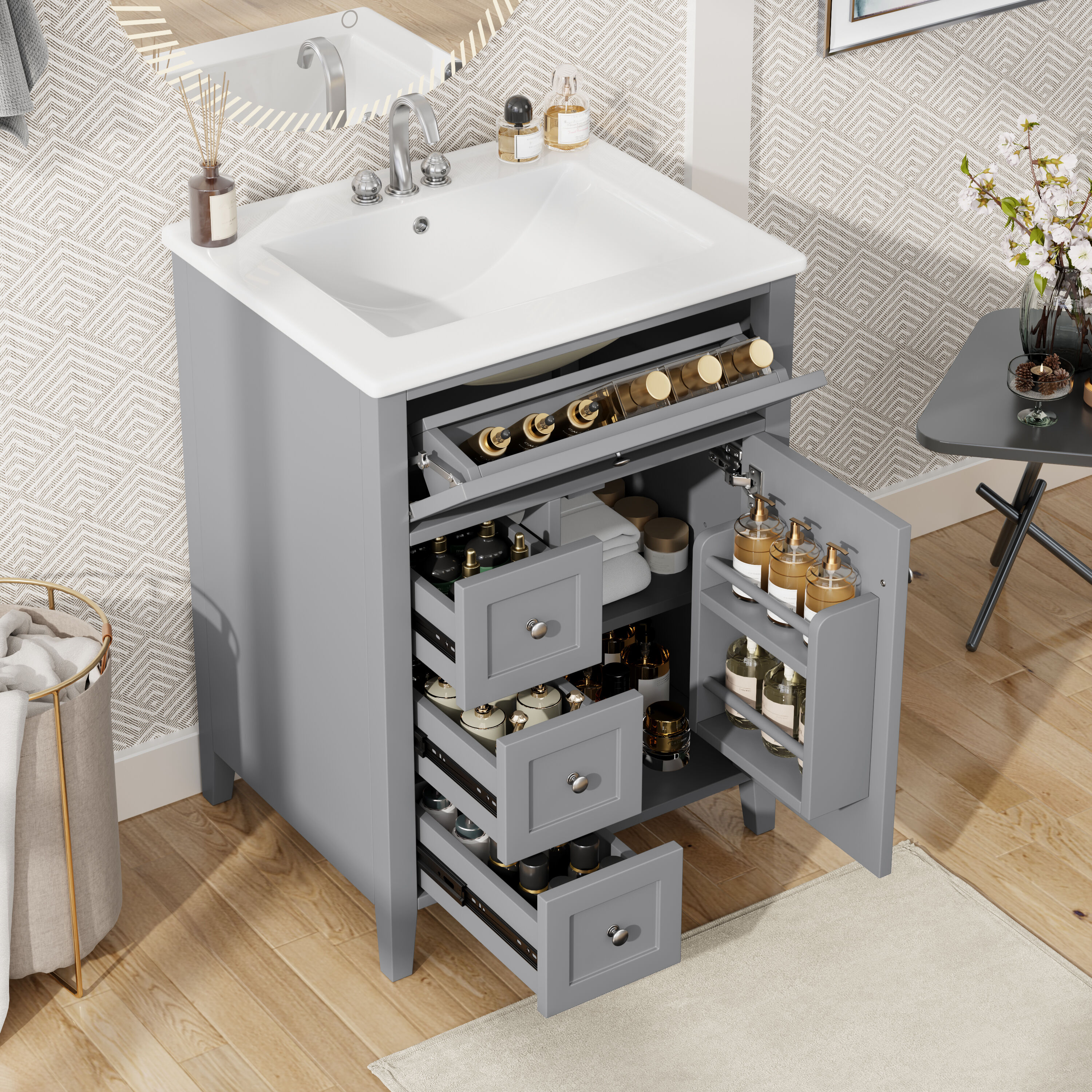 Wooakway 24 Inch Bathroom Vanity Freestanding Rubberwood MDF Cabinet 4 Drawers Adjustable Shelves Gray Painted Ceramic Sink Glossy Silver Knobs Modern Vanity