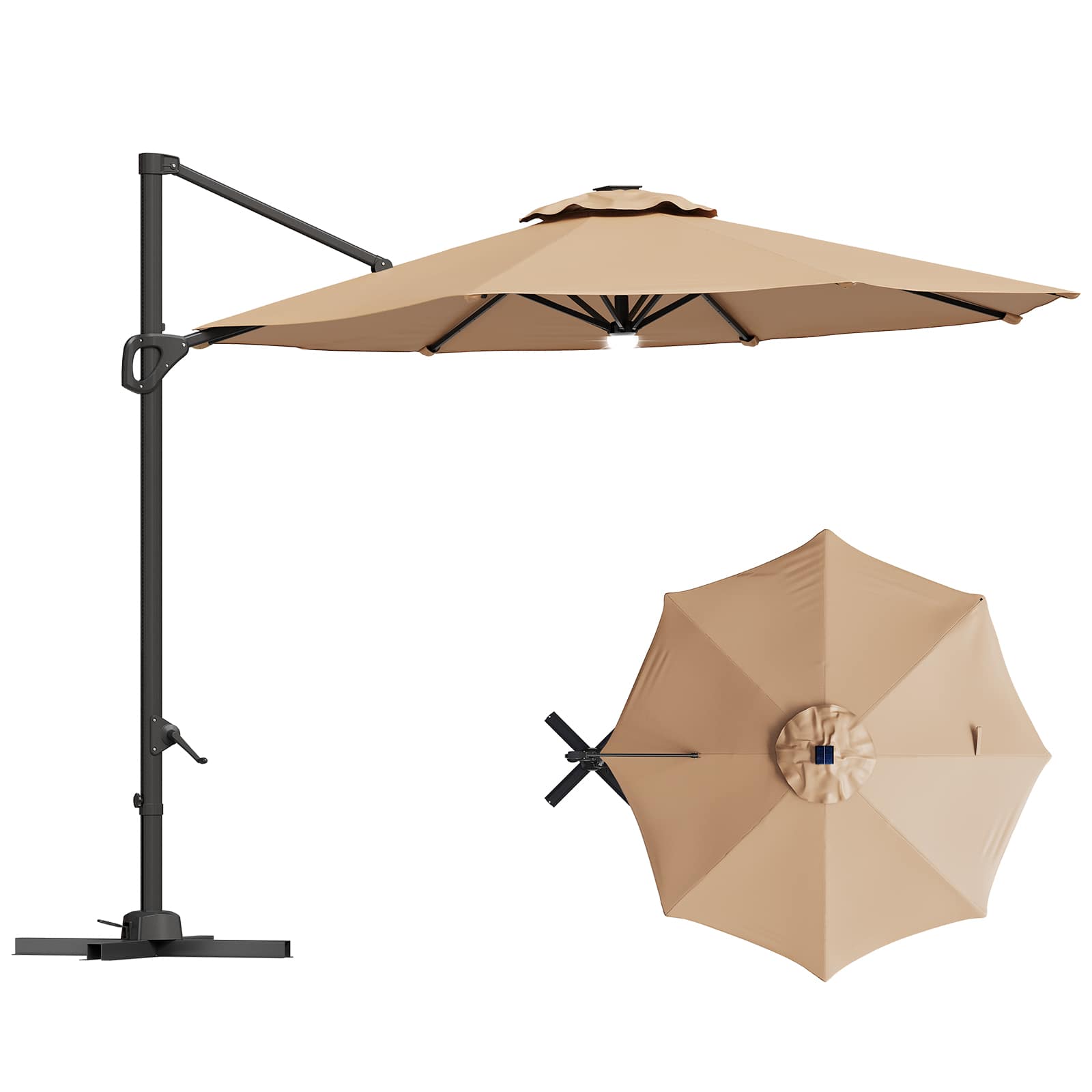 Qeetex PPG-335NSEVP-HNN 10 ft. Steel Patio Umbrella in Tan with Base Included and Windproof Offset with 360-Degree Rotation for Garden