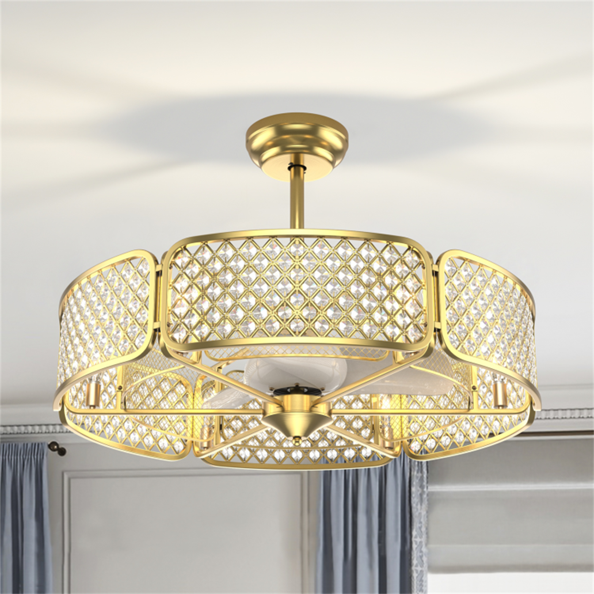 BABOOM BOM-268389-OR Ceiling Fan With Crystal Lampshade 30-in Golden with PP Blades Cage Ceiling Fan Light Kit Compatible - Remote Included ( 3 -Blade )
