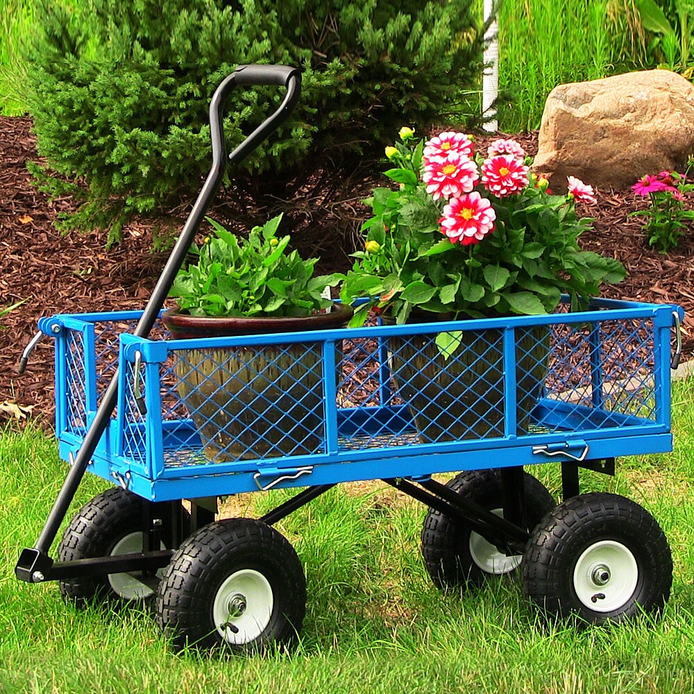 Heavy-Duty 400 Pound Capacity Outdoor Lawn Wagon with Removable Sides Sunnydaze Utility Steel Garden Cart Green 