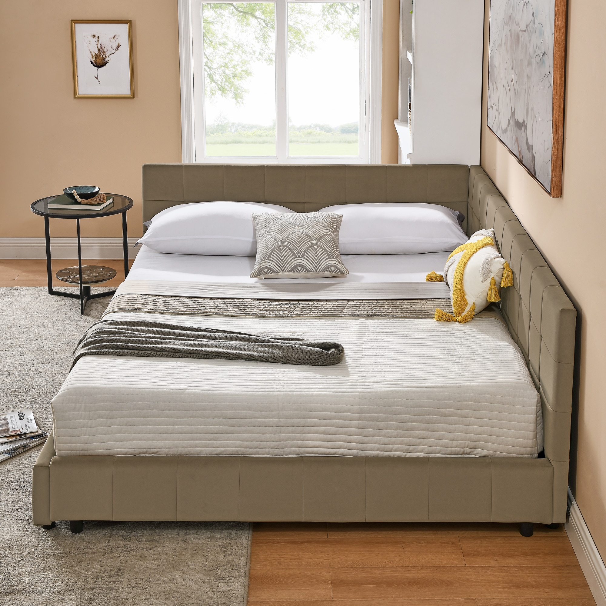 Bellemave Brown Queen Size Velvet Upholstered Daybed with Back and Arms