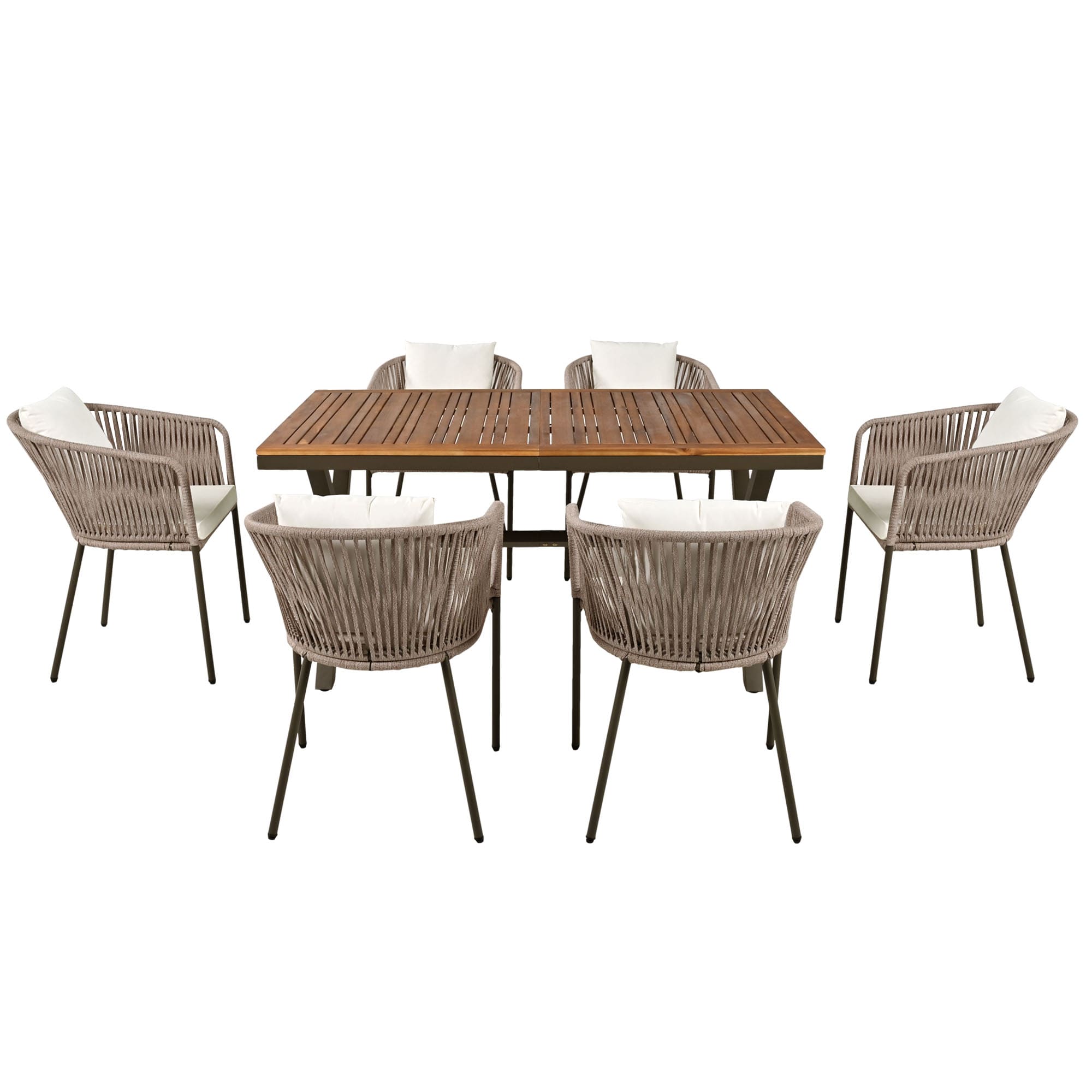 Nestfair HPGO1234A 7 -Piece Brown Woven Patio Dining Set Wood Rectangle Table with 6 Beige Cushions Stationary and Motion Chairs
