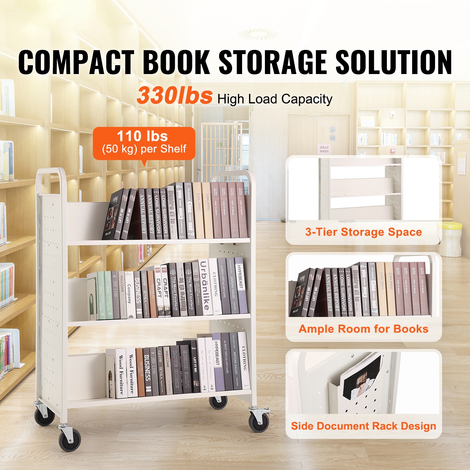 White Double-Sided Rolling Book Cart with Lockable Wheels