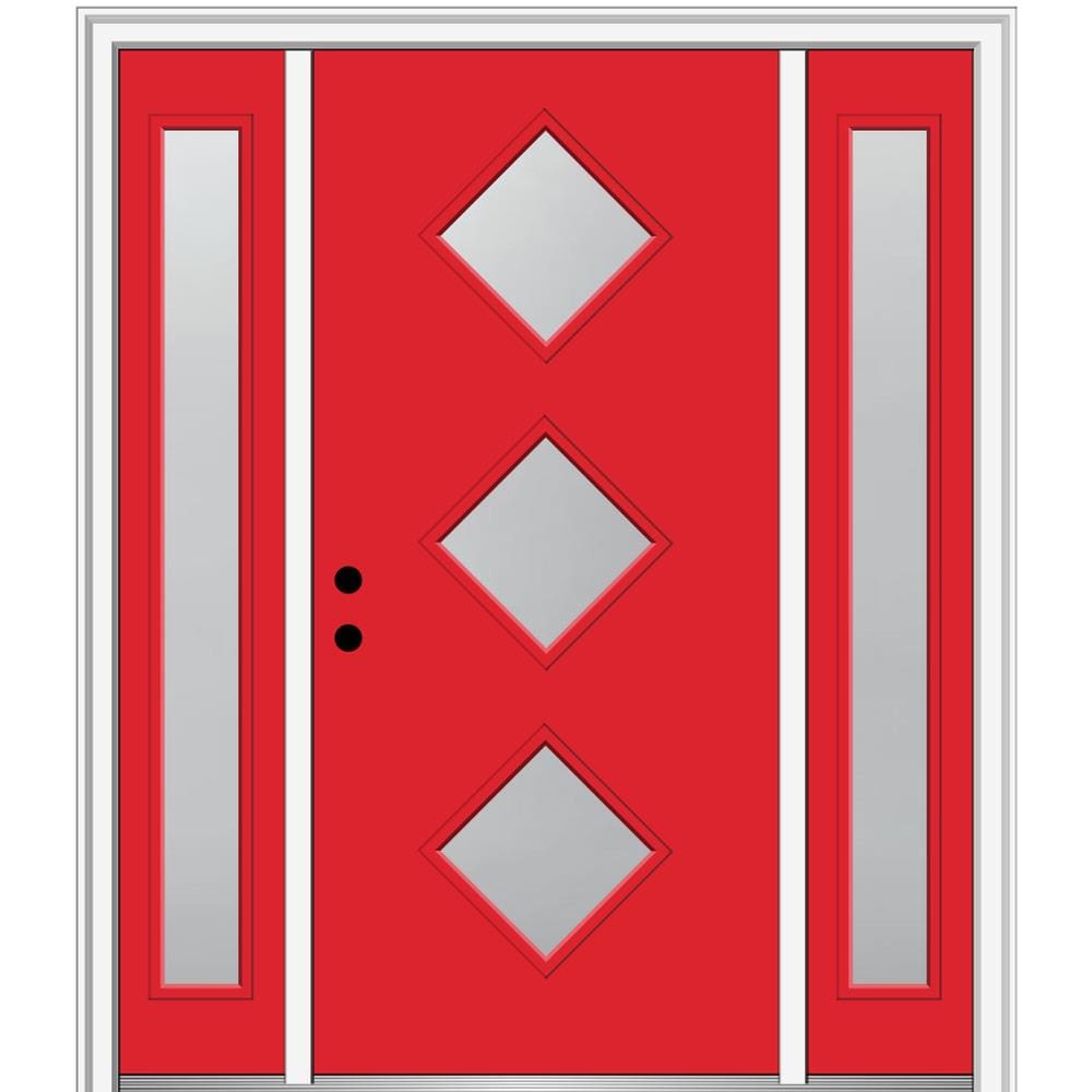MMI DOOR ZZ350311R Spotlights 64-in x 80-in x 6-9/16-in Fiberglass Pulse lite Right-hand inswing Red Saffron Painted Prehung Front Door with Sidelights with Brickmould Insulating core