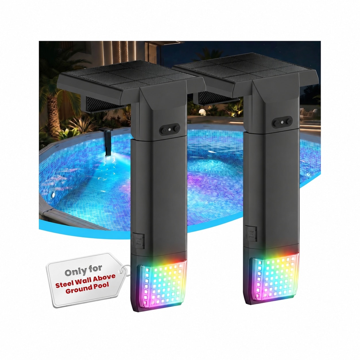 IUEST  Solar Pool Lights for Steel Wall Above Ground Pools Fits 5.2 to 10 in Top Rail Width with Remote Control and 10 Color Options 2 Pack