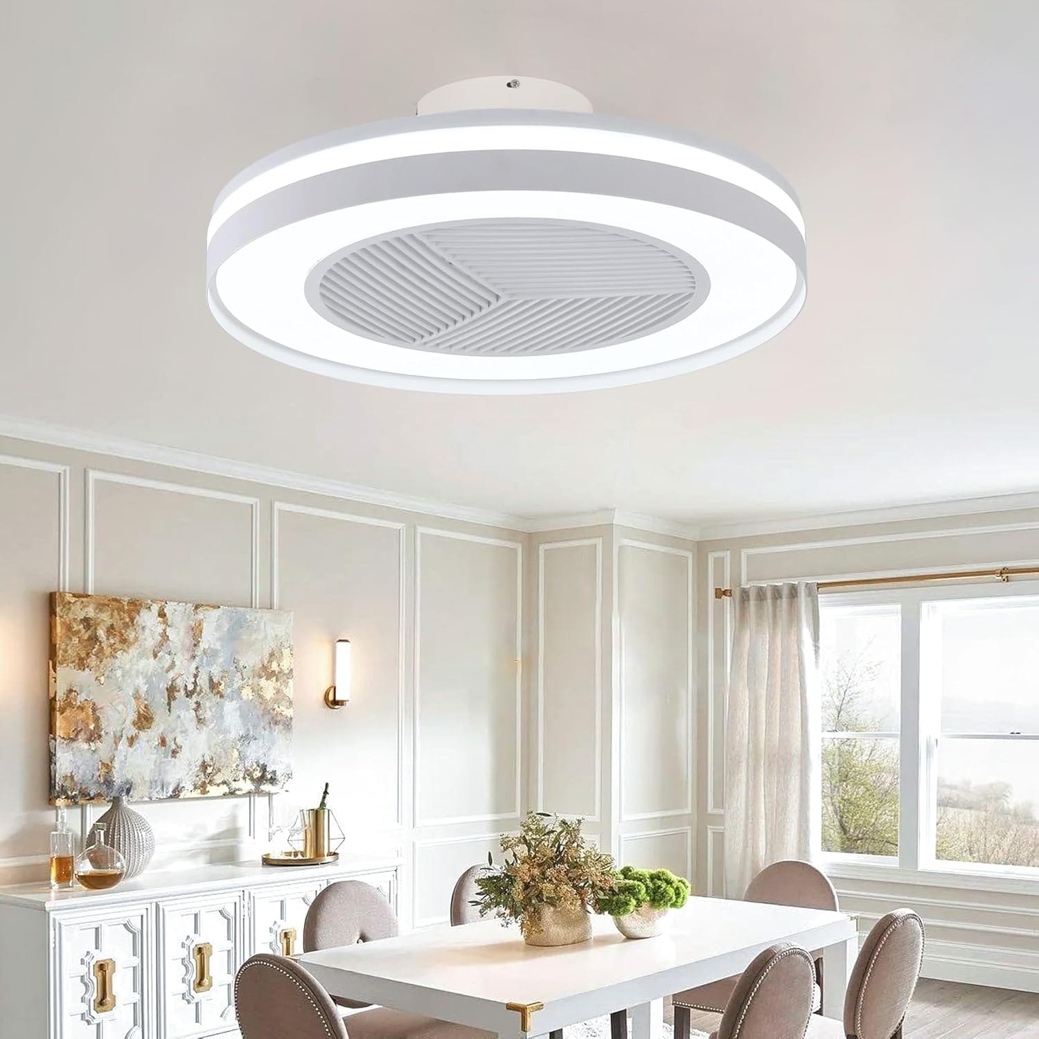 Humhold 20 Inch Bladeless Ceiling Fans with 6 Speeds Timer Quiet DC Motor Ceiling Fan with Light for Kids Bedroom and Living Room