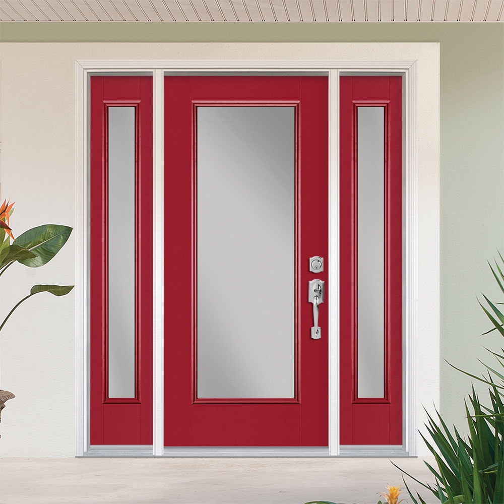 Masonite 1218727 60-in x 80-in x 4-9/16-in Fiberglass Full lite Left-hand inswing Roma Red Painted Prehung Front Door with Sidelights with Brickmould Insulating core