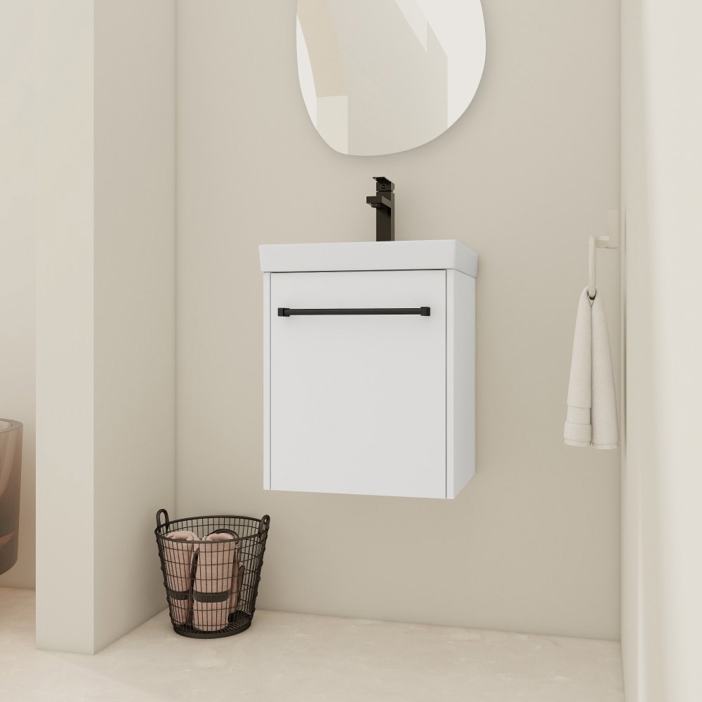 Basdien 17 in Glossy White Wall Mounted Bathroom Vanity With Ceramic Sink and Soft Closing Door Modern Plywood Construction Eco Friendly Material Ample Storage One Package Included Faucet Drain Pop Up Back Splash Mounting Brackets Not Included