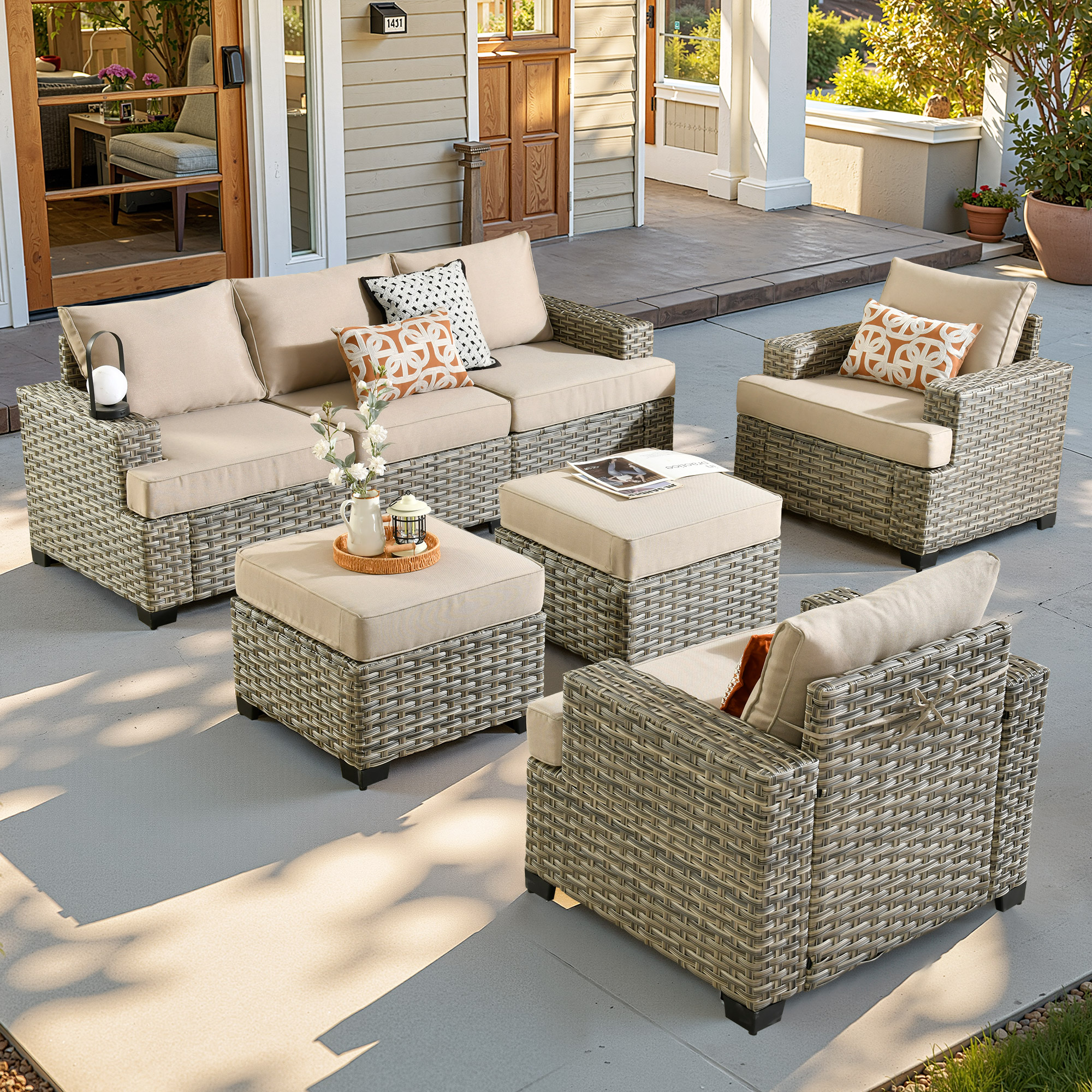 ALTRIGUS 6L-TBS607-AL 7 -Piece Wicker Patio Sofa Conversation Set with Beige Cushions