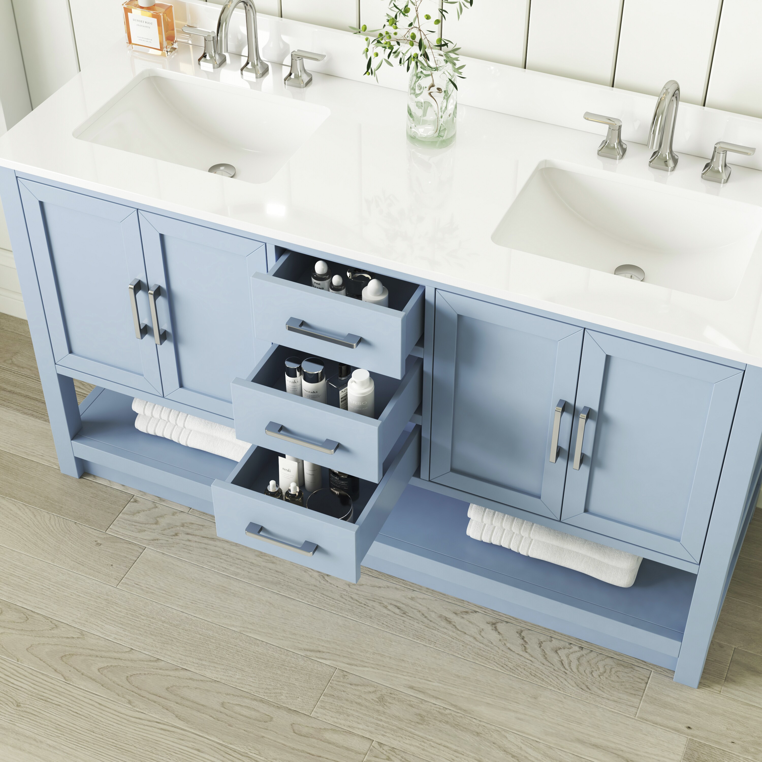 allen + roth Margie 60-in Light Blue Undermount Double Sink Bathroom ...