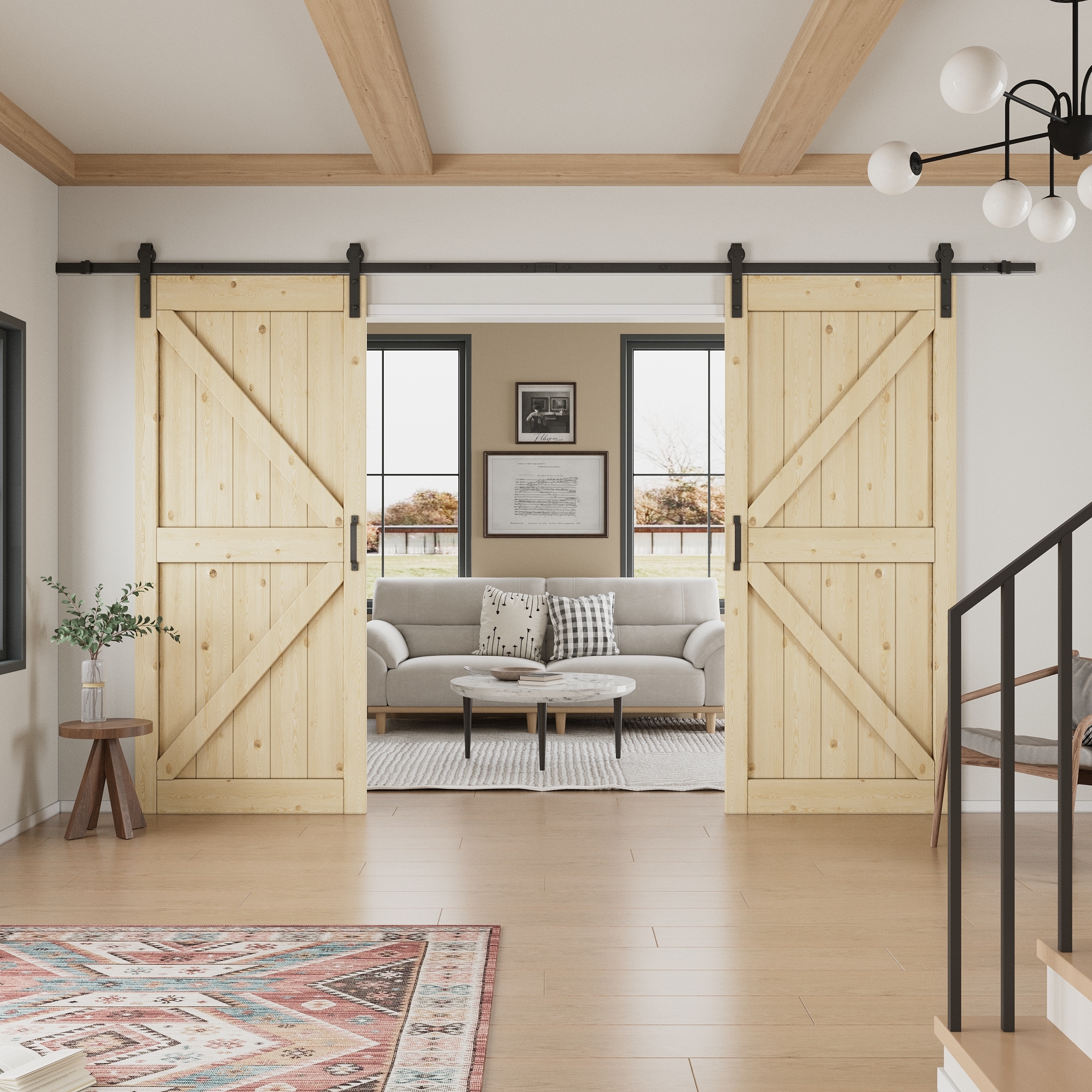 JUJUBON IN-BDPN-K-BD1-72 72-in x 84-in natural Unfinished K-frame Pine Wood Solid core Double Barn Door (Hardware Included)