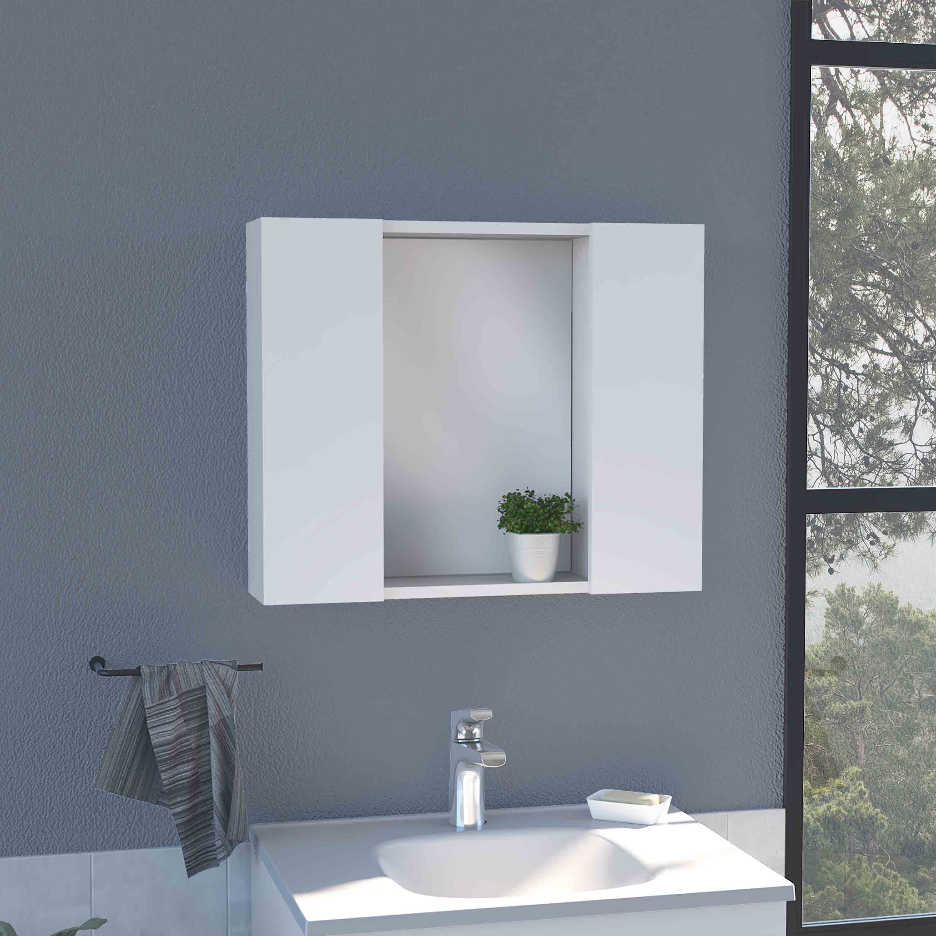 LOVMOR  23.6-in x 5.4-in x 19.5-in White Bathroom Wall Cabinet with Mirror and Open Shelves and Double Door for Small Space
