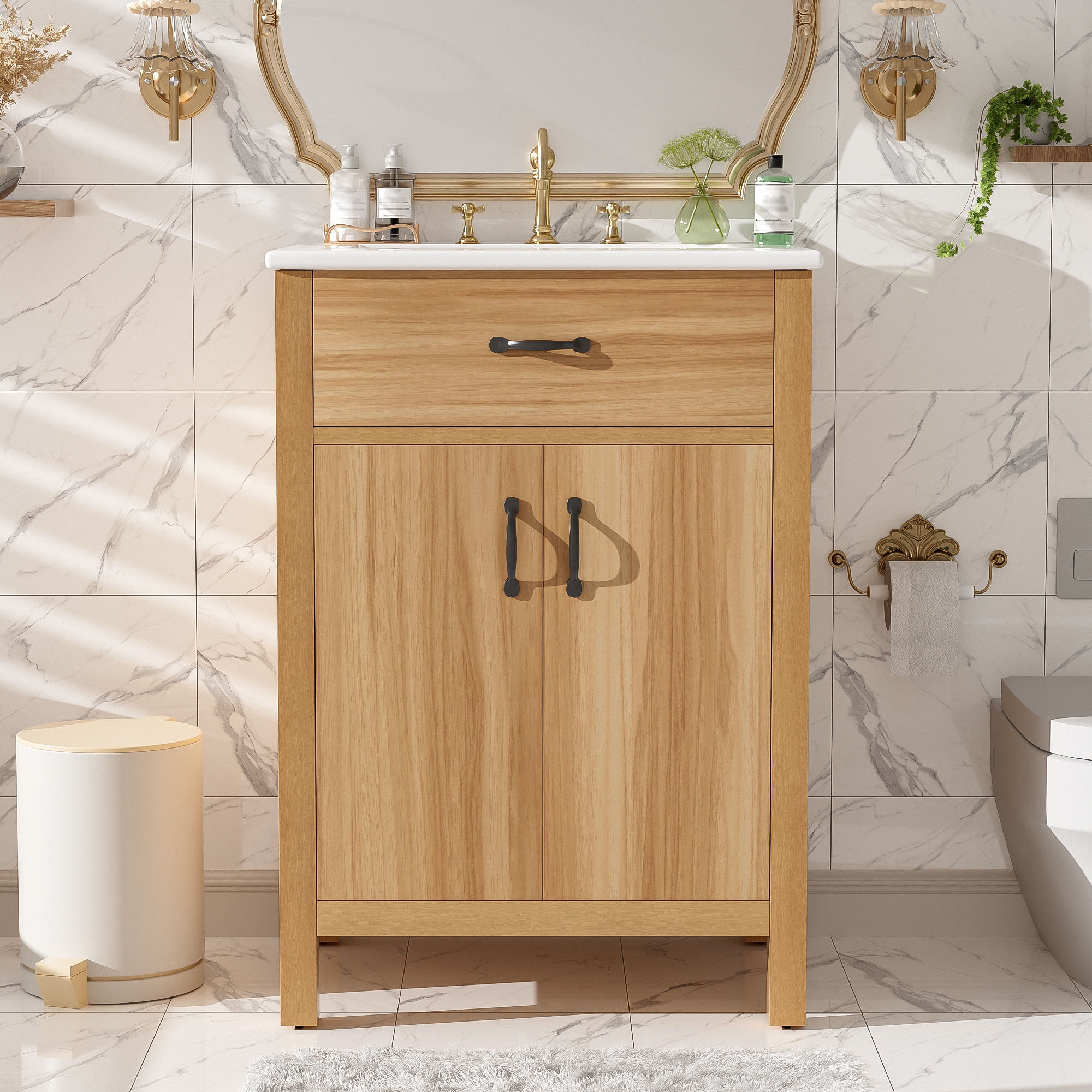 ModernLuxe L3P-N729P338553N 24inch Bathroom Vanity with Solid Wood Frame Flip Drawer 2 SoftClose Doors with Door Storage Adjustable Shelf and Modern Sink Cabinet