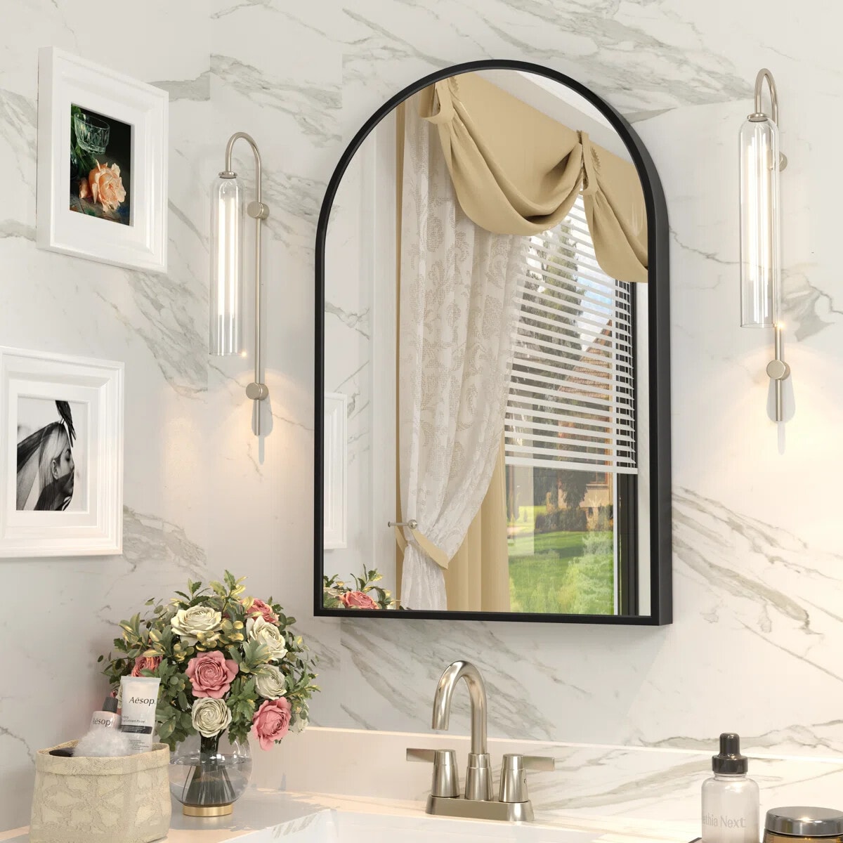 YQP - 24x16 Inch Arched Aluminum Alloy Black Framed Tempered Glass Bathroom/Vanity Mirror