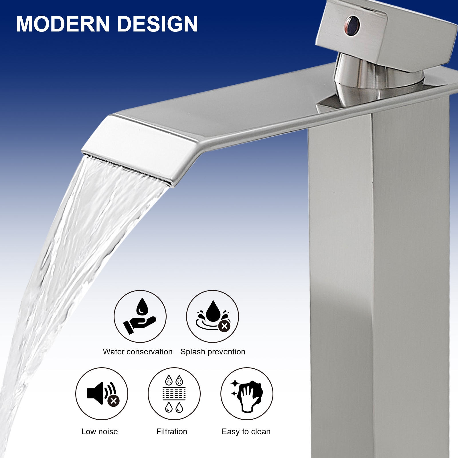 Brushed Nickel Waterfall Vessel Sink Faucet with Pop-Up Drain