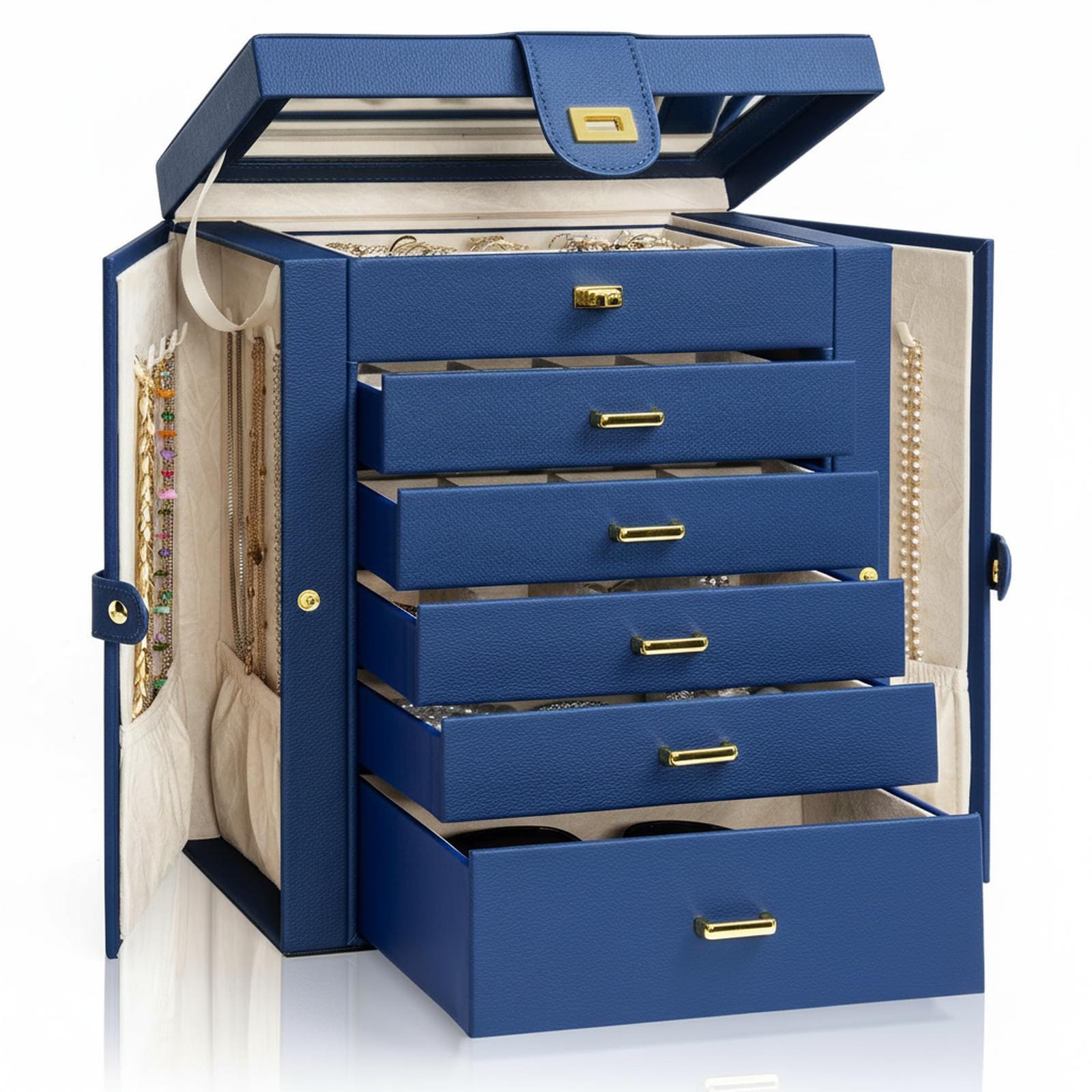Baginizer  Extra Large Jewelry Organizer Box with Mirror 6 Drawers 2 Side Cabinets for Rings Necklaces Earrings Bracelets