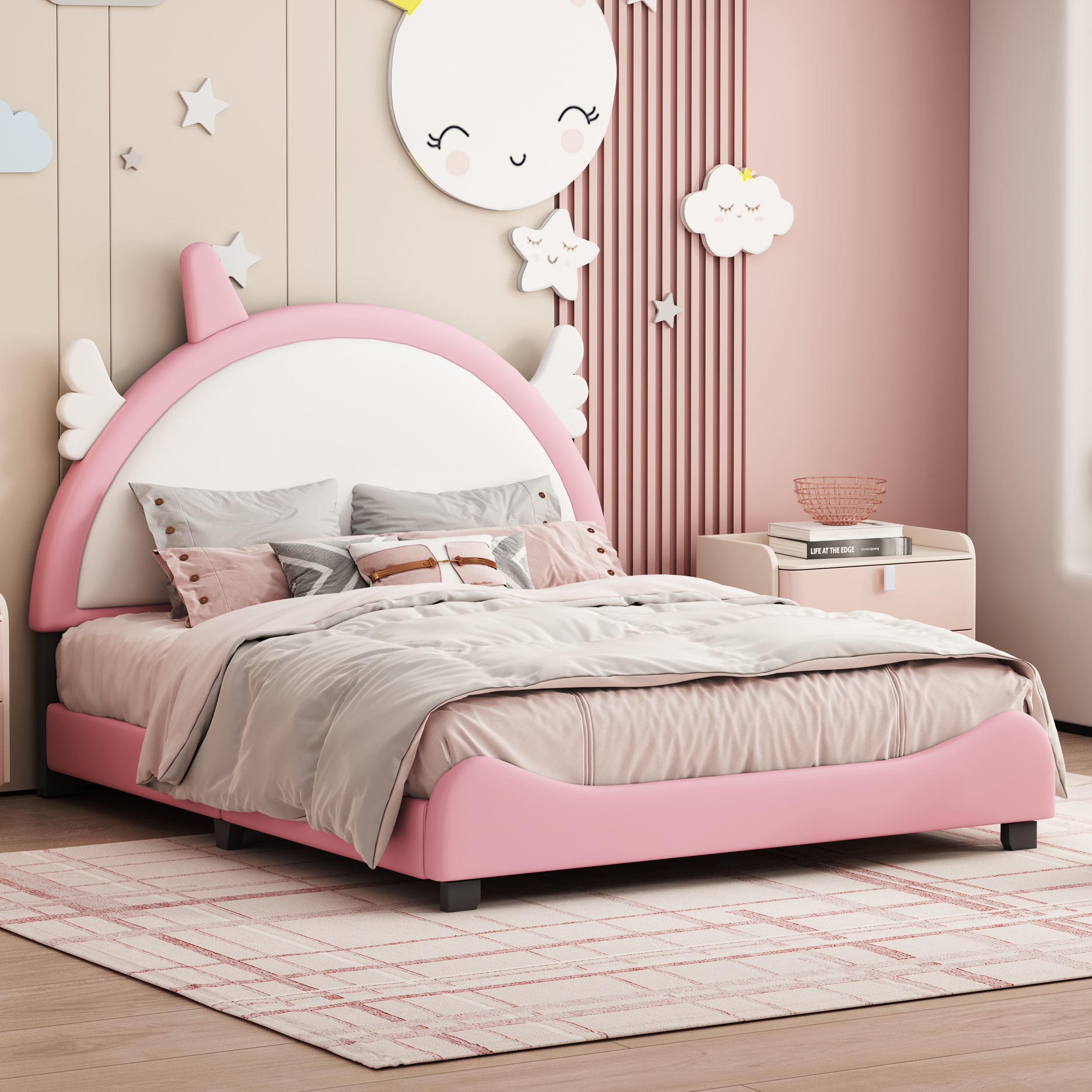 ModernLuxe L3P-WF303339AAH Cute Full size Upholstered Bed With Unicorn Shape HeadboardFull Size Platform Bed with Headboard and FootboardWhitePink