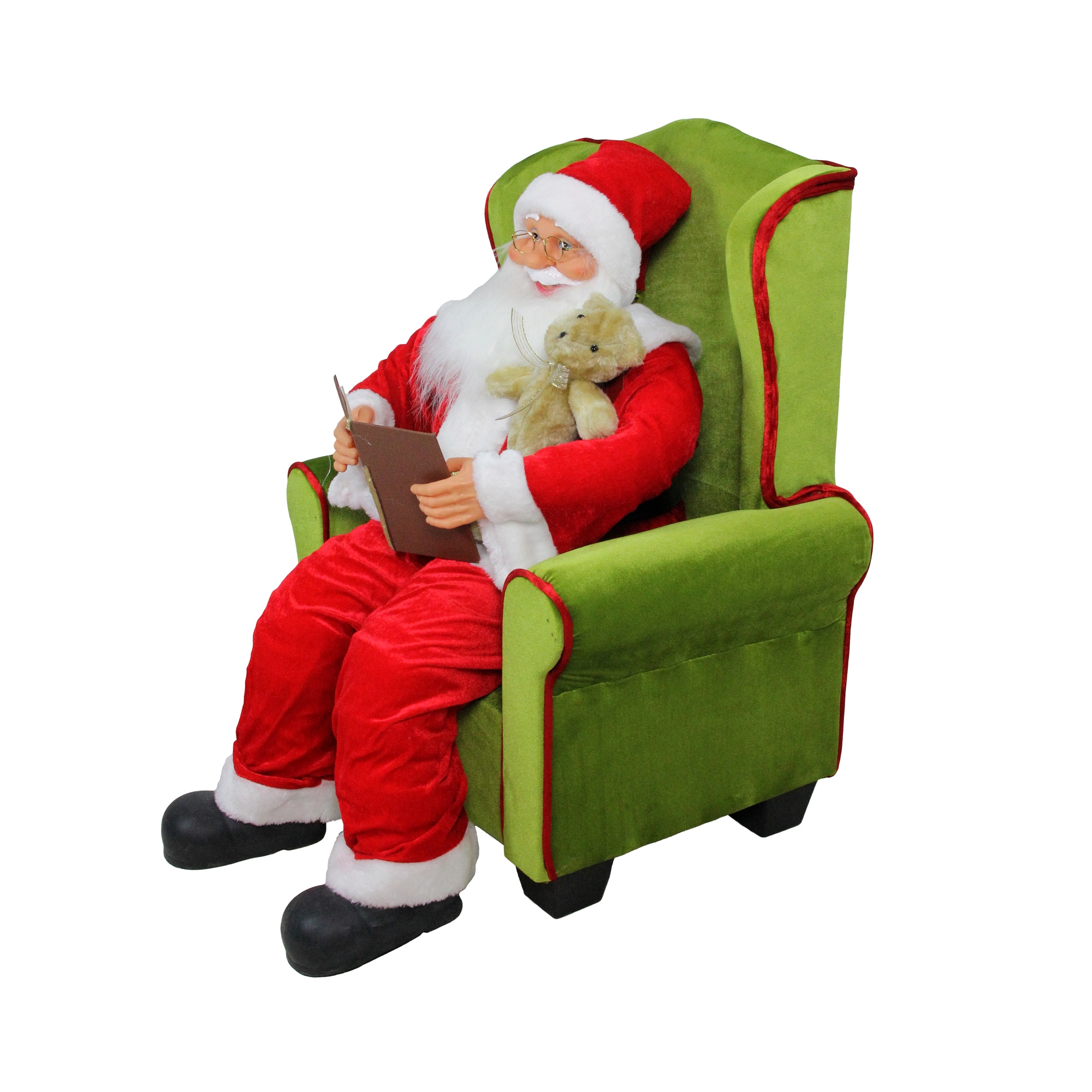 32" Santa Claus in Green Armchair with Teddy Bear