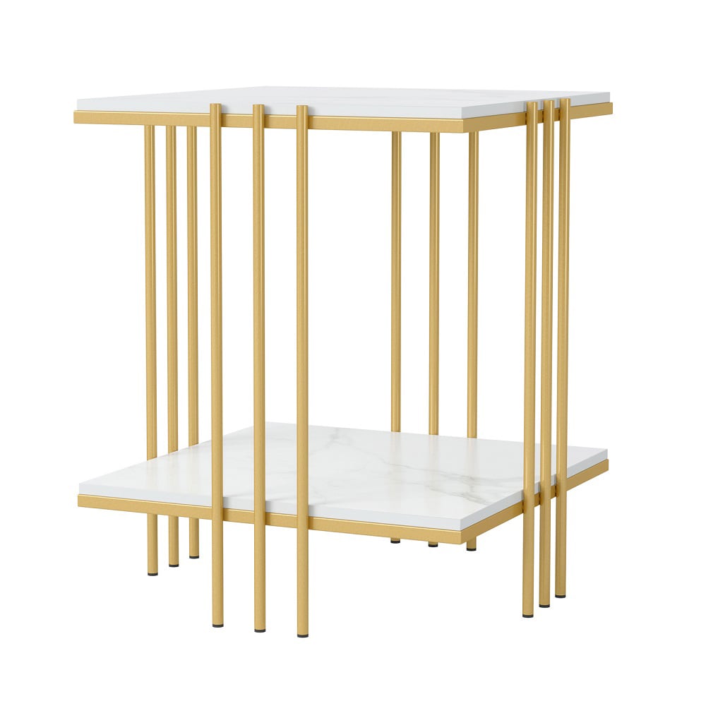 LUVODI JJ-XZ178-GD 17.5-Inches W x 21.8-Inches H White Stone Square Modern End Table with Storage Assembly Required