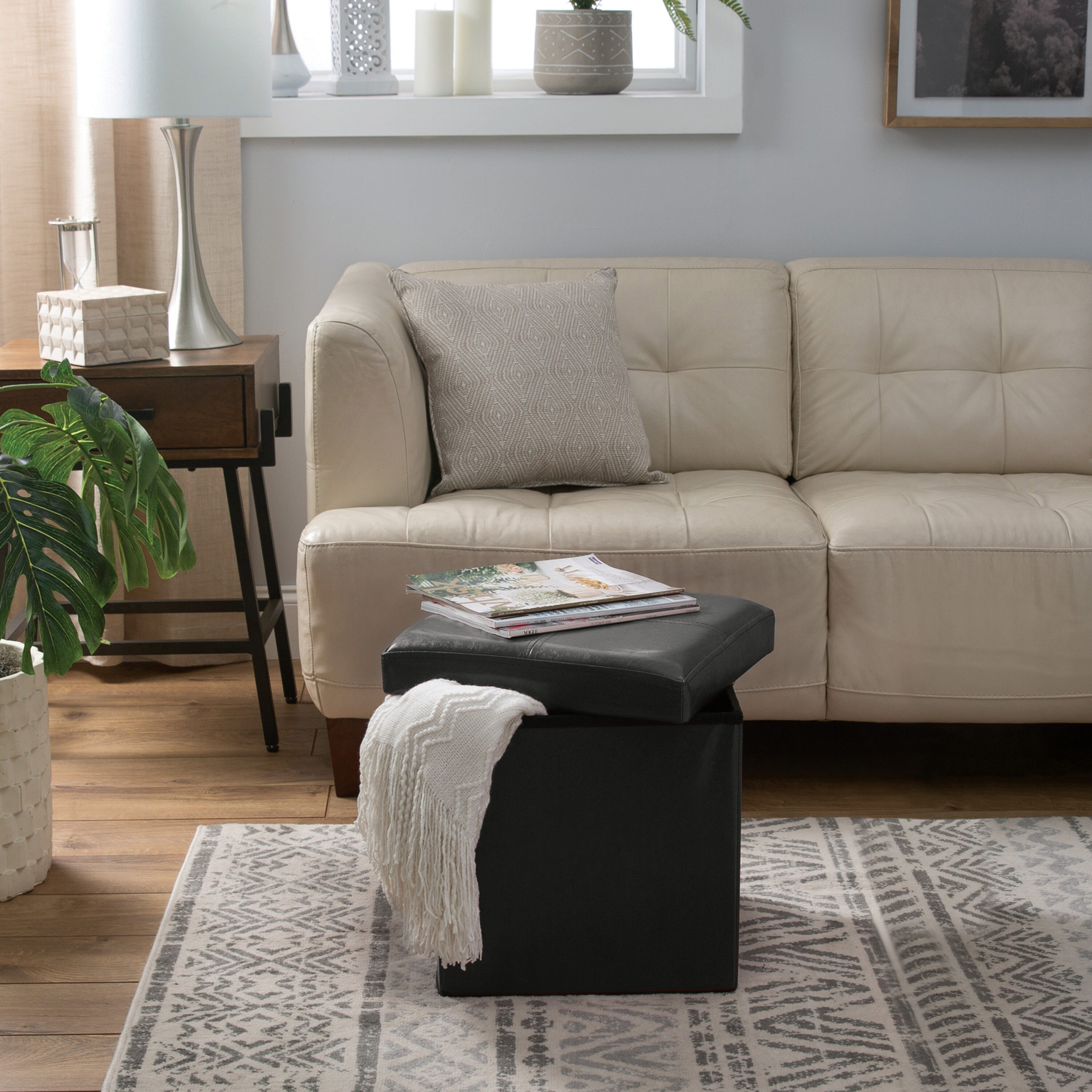 Simplify Black Faux Leather Folding Storage Ottoman Cube