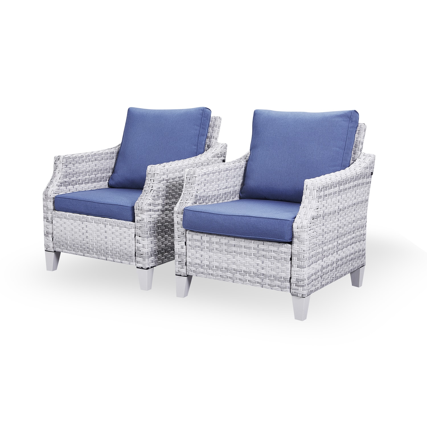 Rilyson FS051-2 Bite Set of 2 Wicker Grey Wicker Frame Stationary Conversation Chair with Blue Beige Cushioned Seat