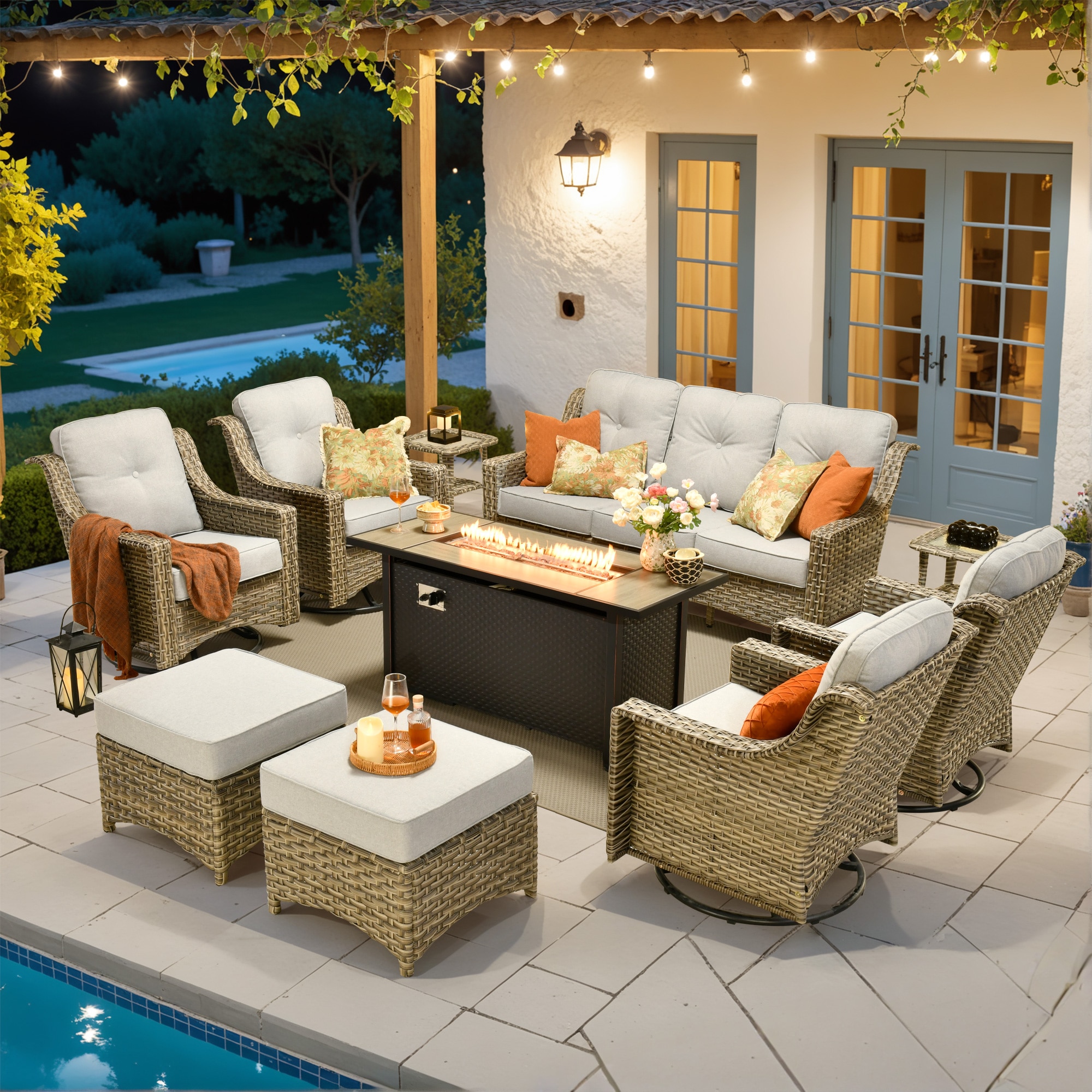 Ovios RFP5PD409Y 10 -Piece Rattan Patio Sofa Conversation Set with Light Gray Cushions