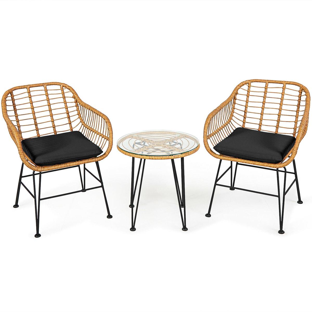 WELLFOR DOZN70839DK 3 -Piece Rattan Patio Conversation Set with Black Cushions