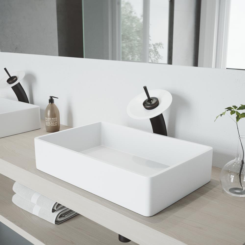 VIGO VGT1294 Vessel Sinks Matte White Matte Stone Vessel Rectangular Bathroom Sink with Faucet Drain Included (21.25-in x 13.875-in)