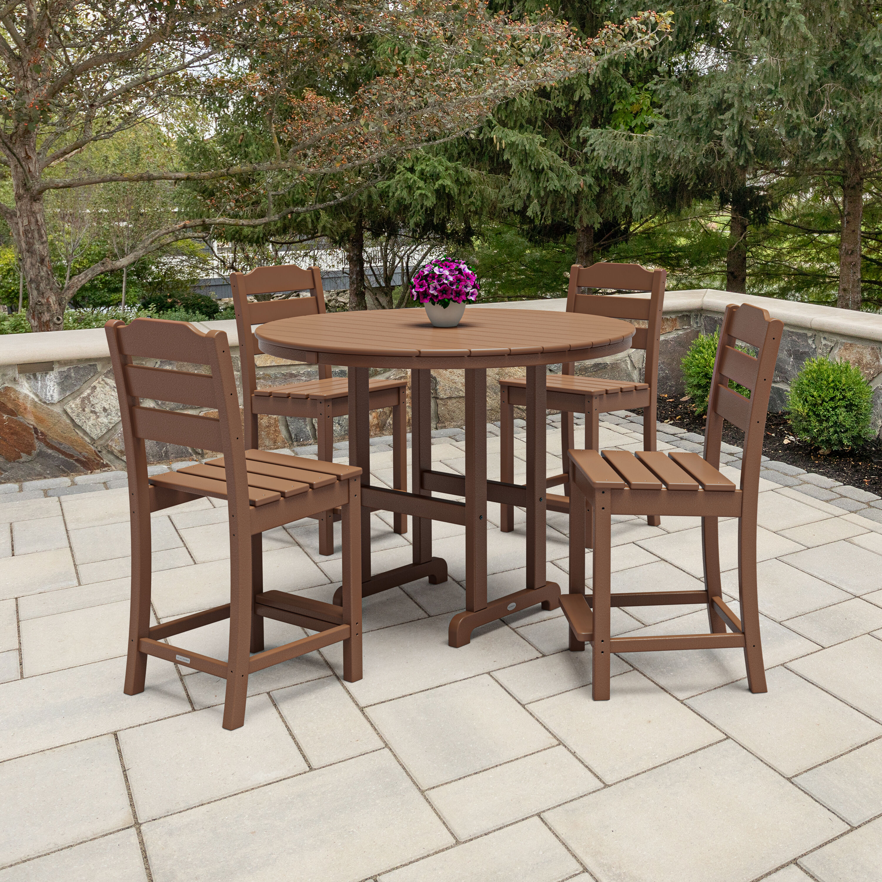 POLYWOOD PWS2541-1-TE Oakport 5 -Piece Teak Balcony Height Patio Dining Set Plastic Round Table with 4 Stationary Chairs