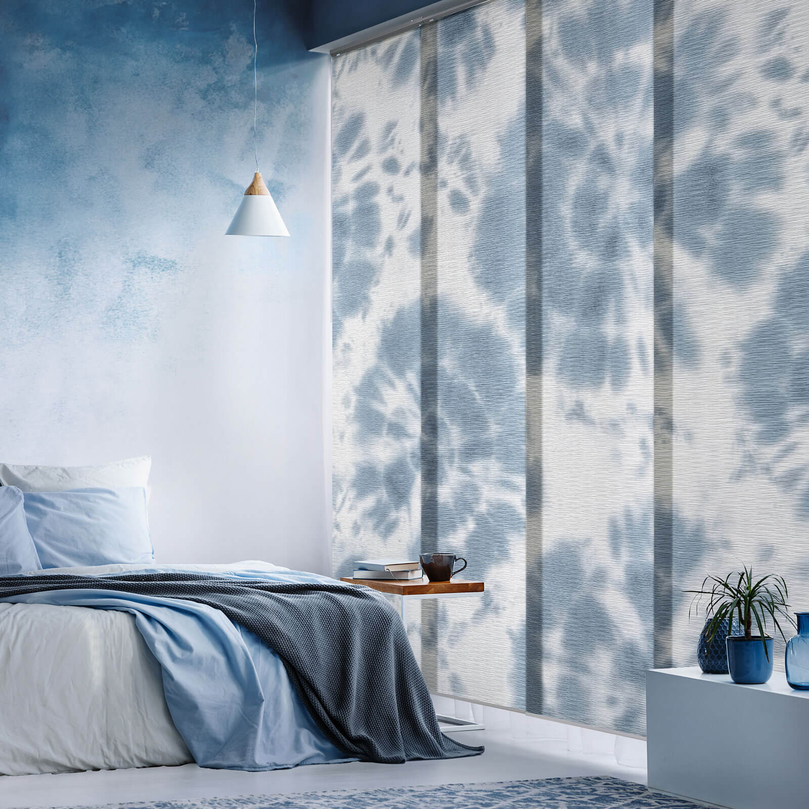 GoDear Design APX08P309I086096 4-Panel Single Rail 23-in Slat Width 86-in x 96-in Cordless Indigo Blossom Fabric Light Filtering Vertical Blinds