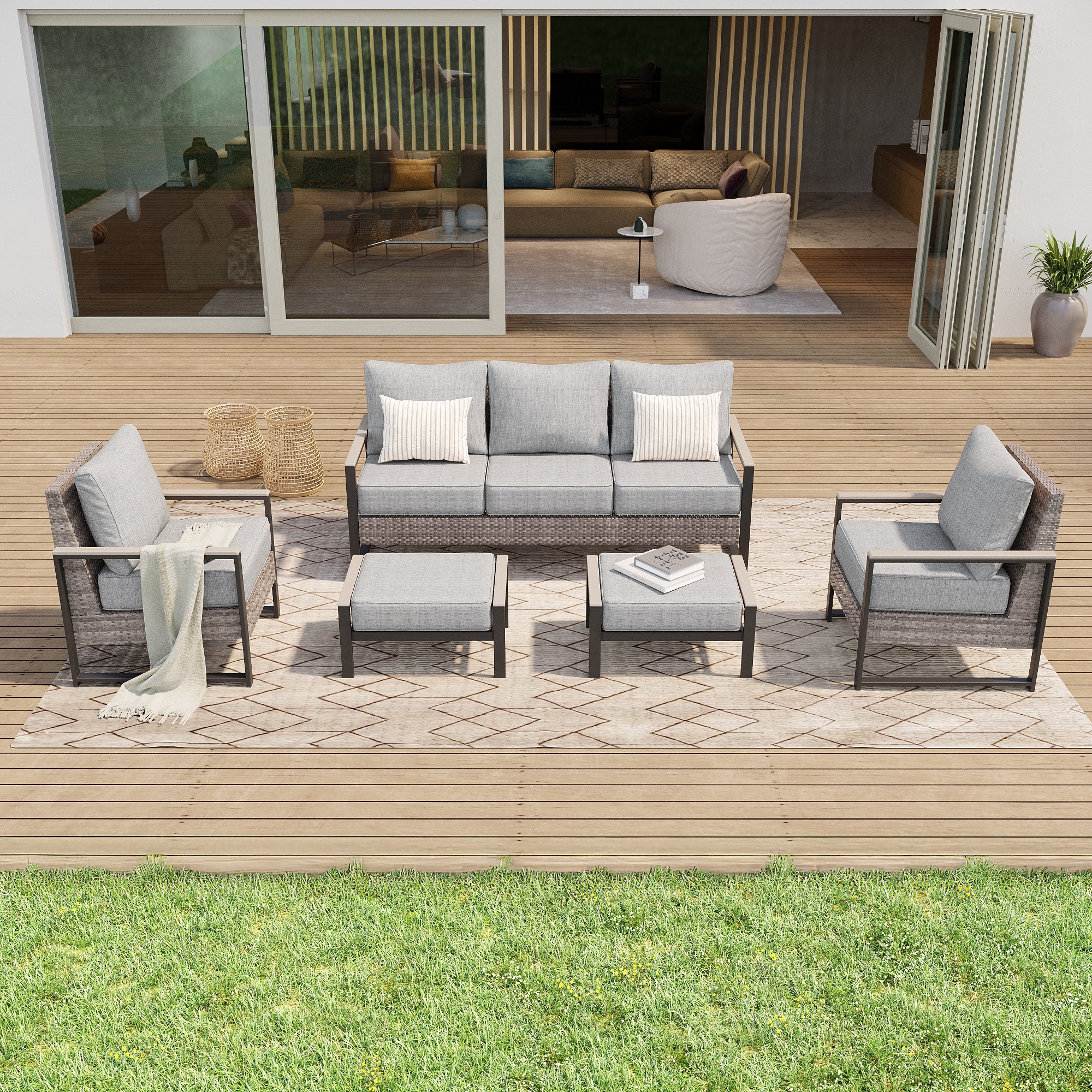 ACEGOSES LW-148HLY Skytop 5 -Piece Wicker Patio Sofa Conversation Set with Gray Cushions
