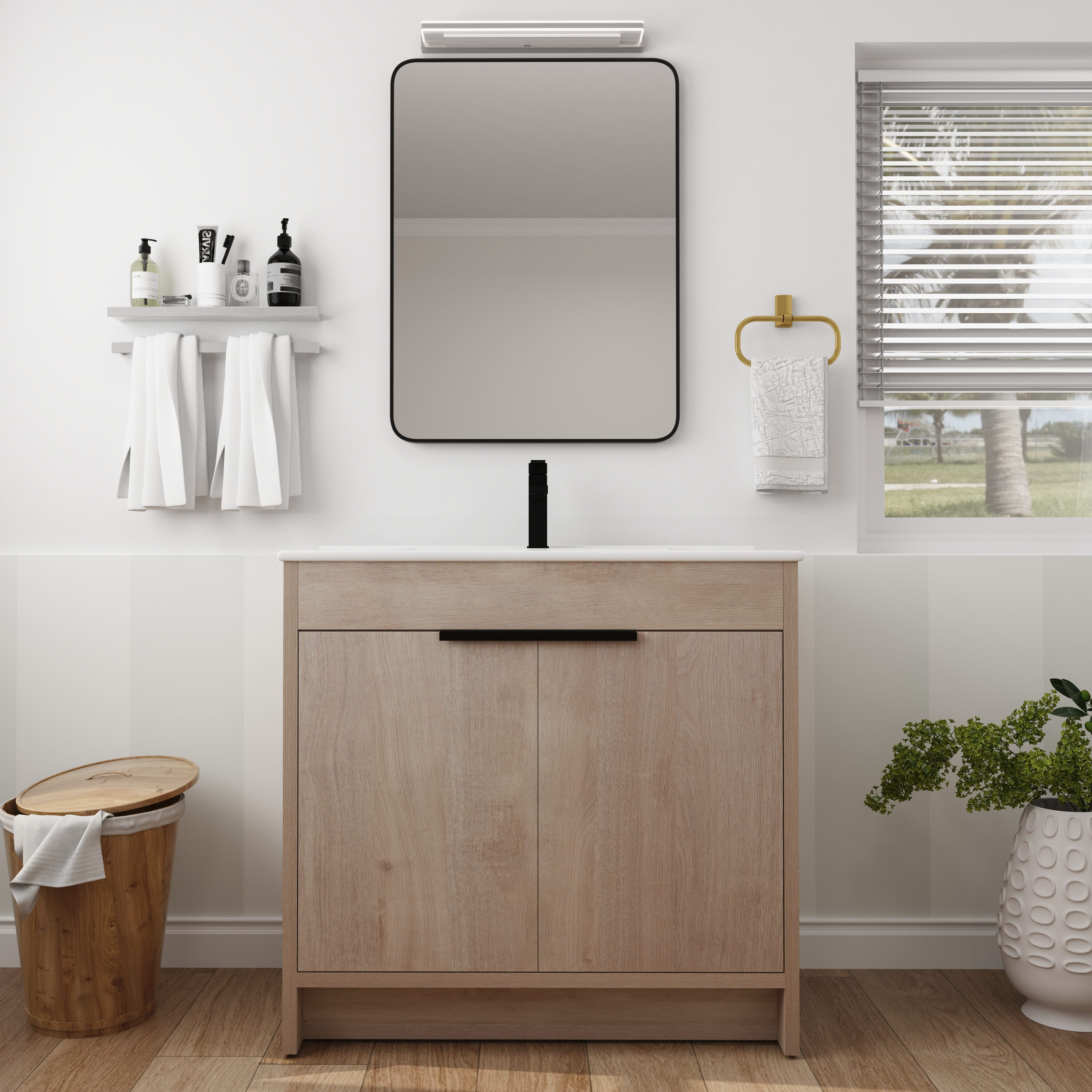 Forclover QNM-0836-CAW Freestanding Soft-Closing 36-in Plain Light Oak Single sink Bathroom Vanity with White Ceramic Top