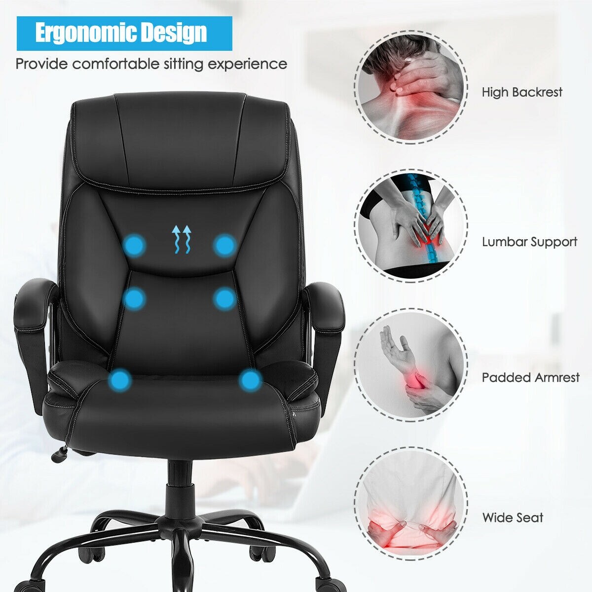 Big and Tall Office Chair 500LBS High Back Executive Office Chair Massage  Thickening Padded Cushion Leather Chair All Day Comfort Wide Seat Ergonomic