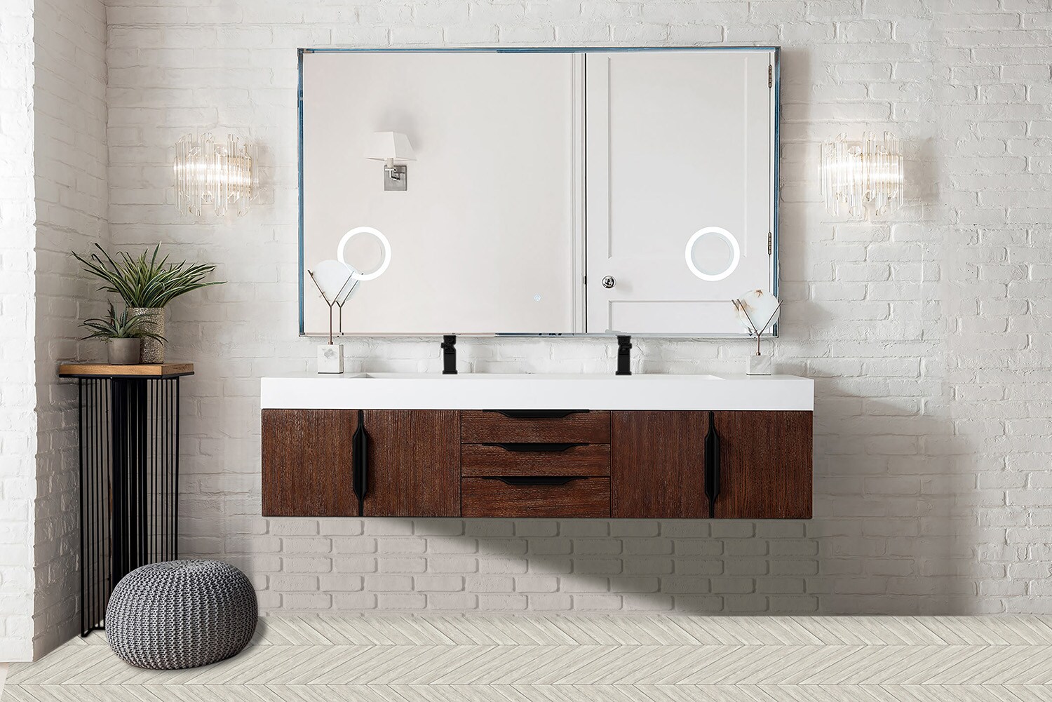 72 inch Wall Mounted Double Bathroom Vanity Latte Oak Finish with Solid  Surface Integrated Sink Top