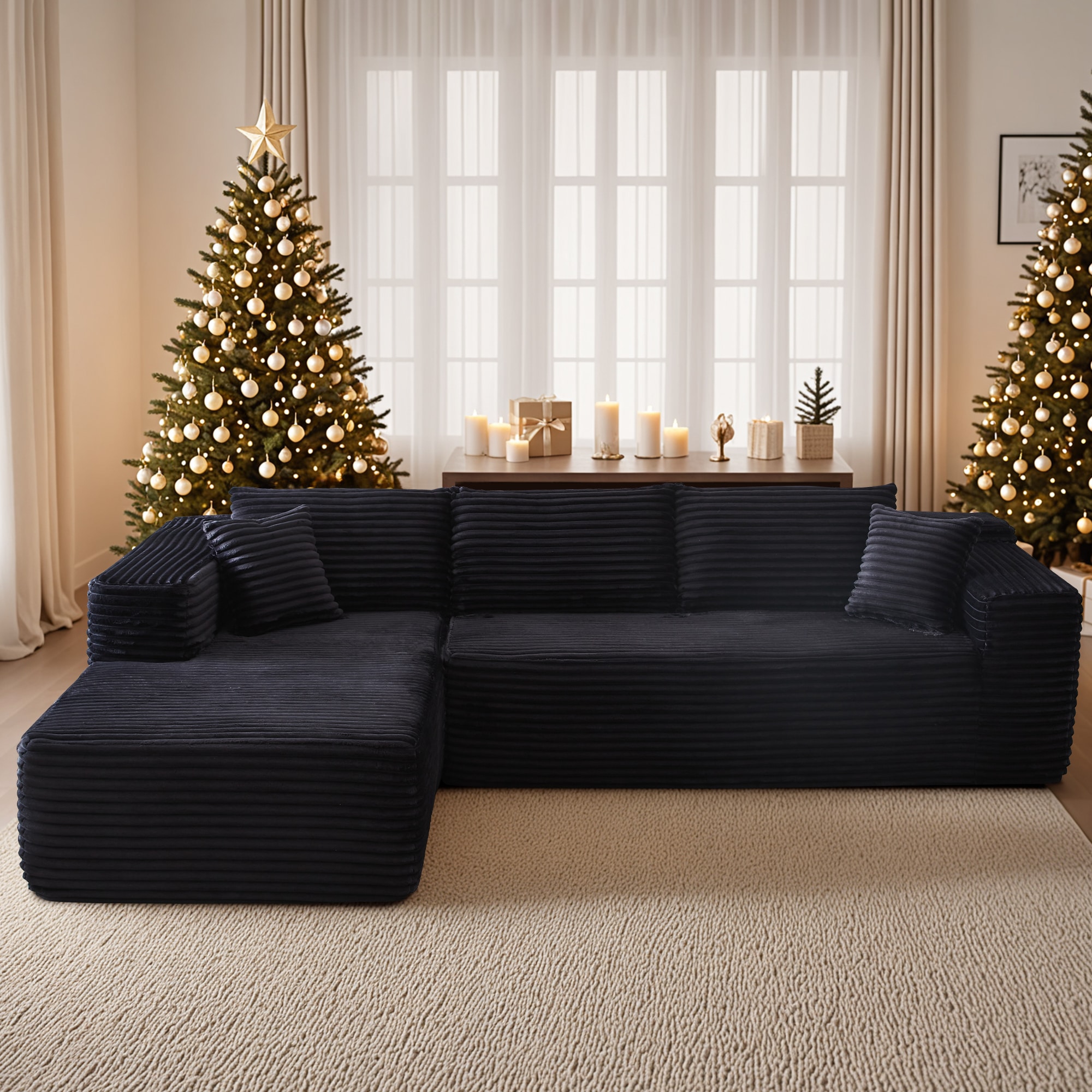 Pouuin SVIVI-430L 106.2-in Casual Black Plush Corduroy 3 -seater Sectional