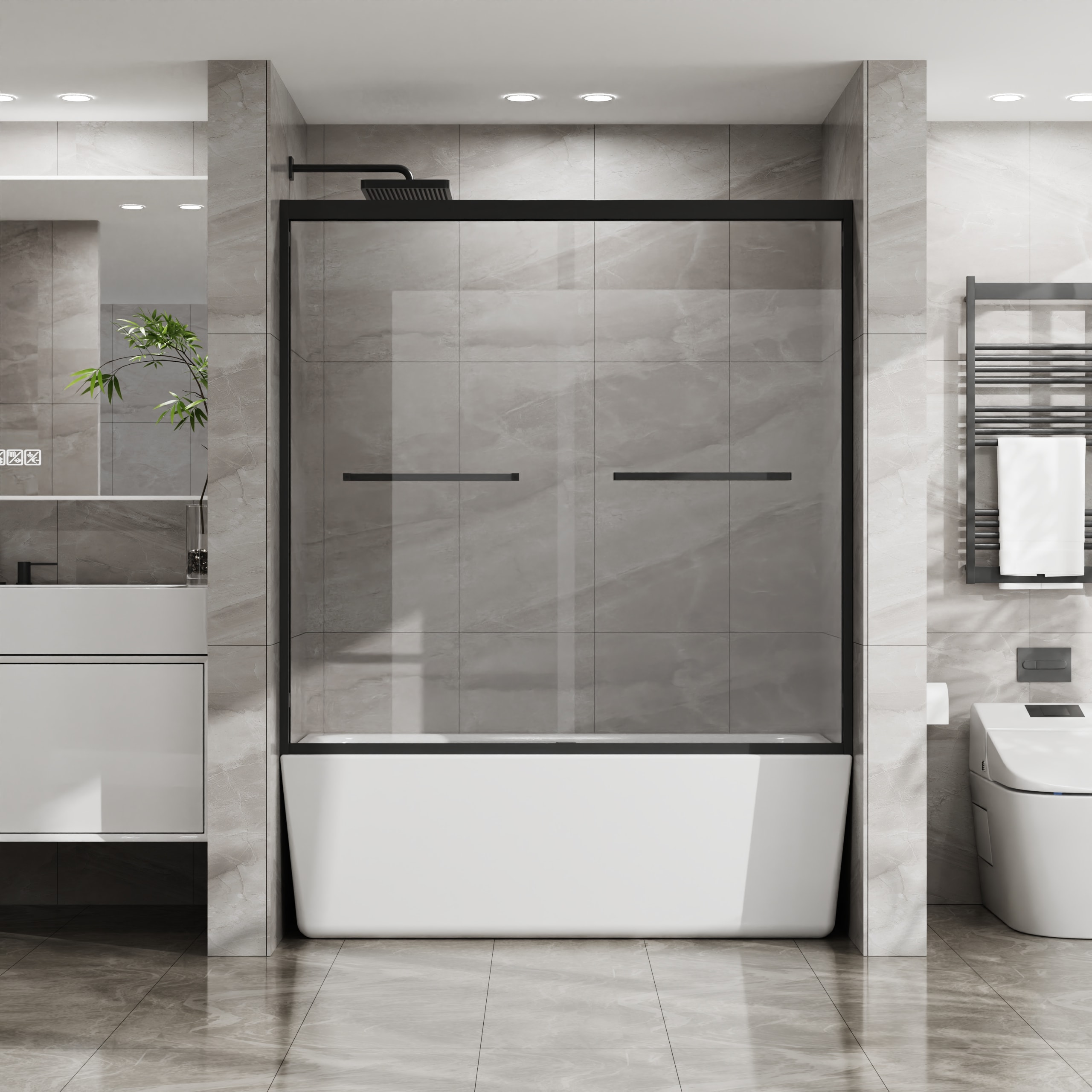 WELLFOR DTG-BAS110MB GY Track Sliding Shower Door Matte Black 56-in to 60-in W x 58-in H Framed Bypass Sliding Bathtub door 1/4-in Thick Clear Glass