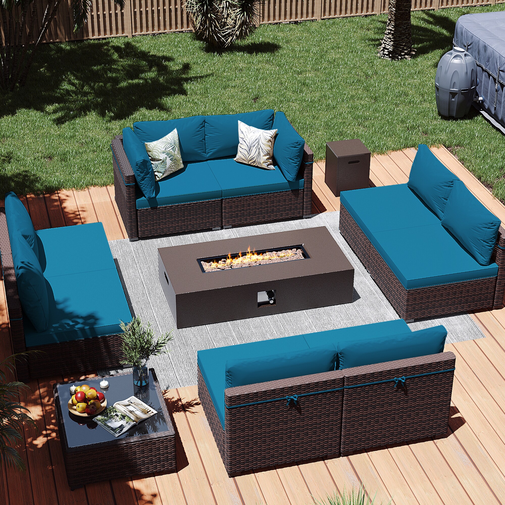 Patio Watcher LS-RT9-KD56BR-B5 10 -Piece Rattan Patio Conversation Set with Blue Cushions