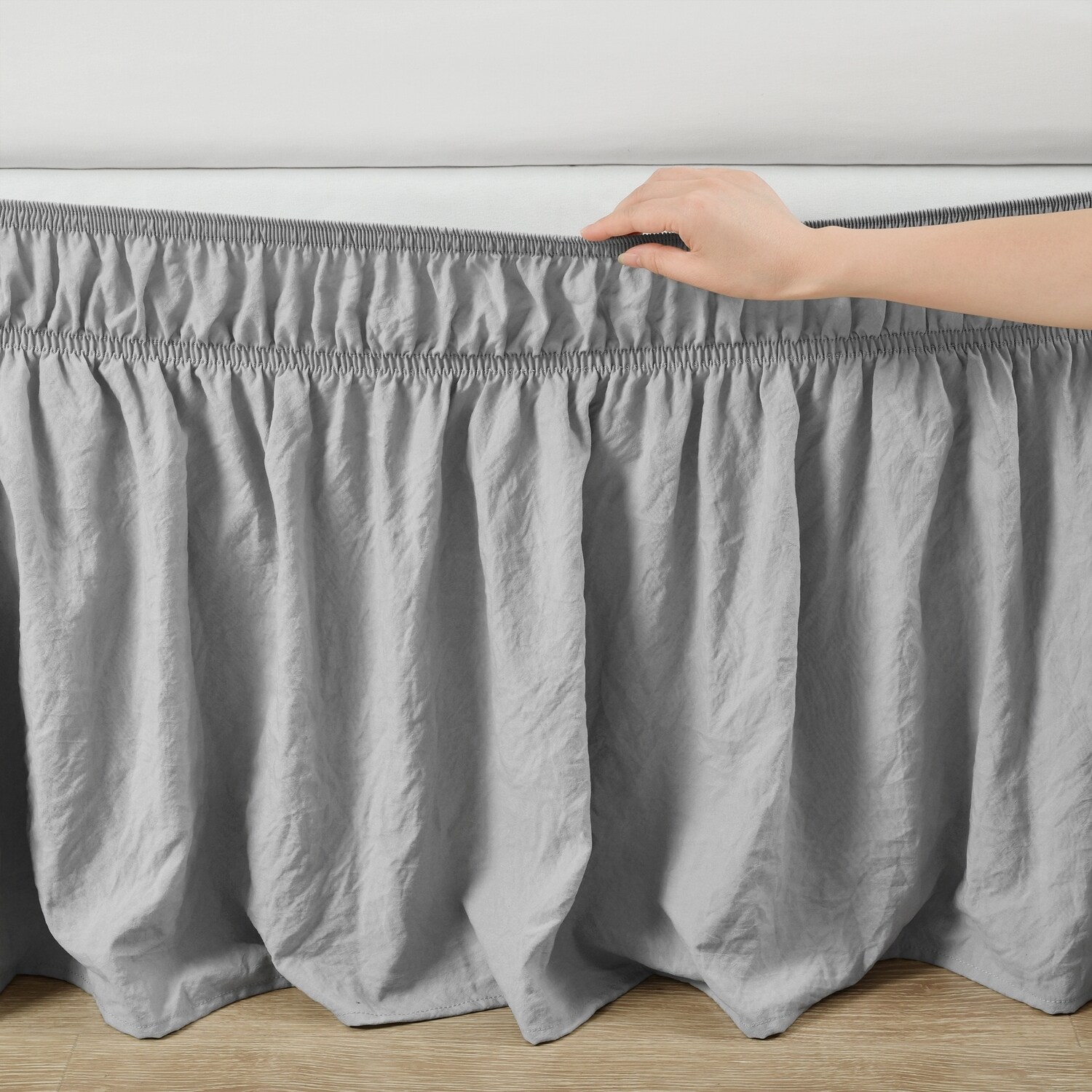 Light Gray Ruched Ruffle Elastic Easy Wrap Around Bed Skirt