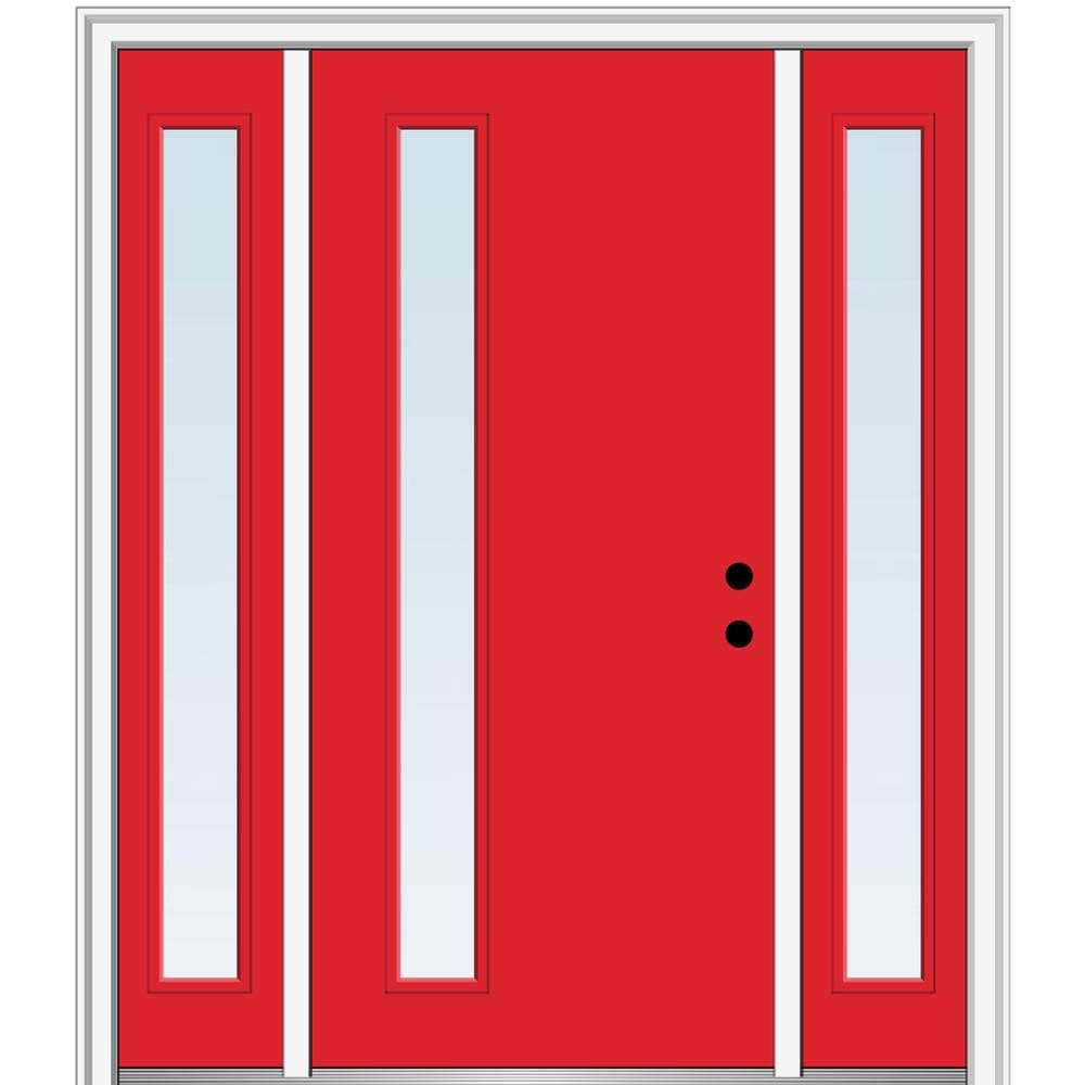 MMI DOOR ZZ348630L Spotlights 60-in x 80-in x 6-9/16-in Fiberglass Pulse lite Left-hand inswing Red Saffron Painted Prehung Front Door with Sidelights with Brickmould Insulating core