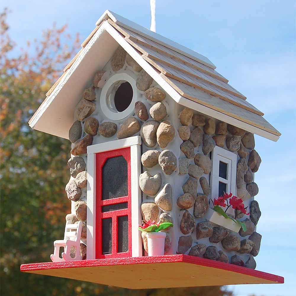 Handcrafted Stone Cottage Birdhouse with Red Accents