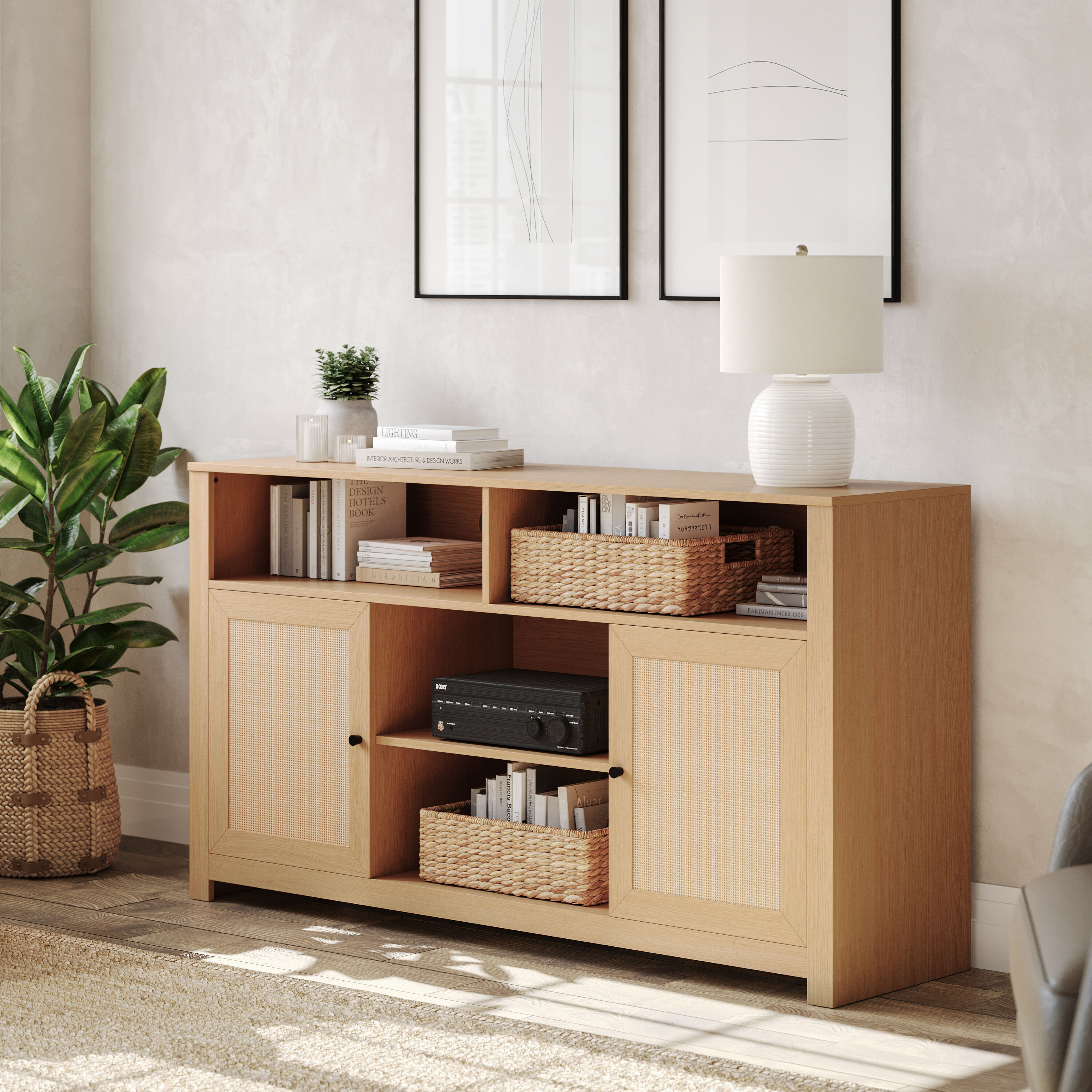 Flash Furniture 196861189678 Malaki Mid-Century Modern 58 Inch Buffet Sideboard with 2 Soft Close Doors and Adjustable Center Shelf; TV Stand for up to 65-in TVs; Natural/Rattan