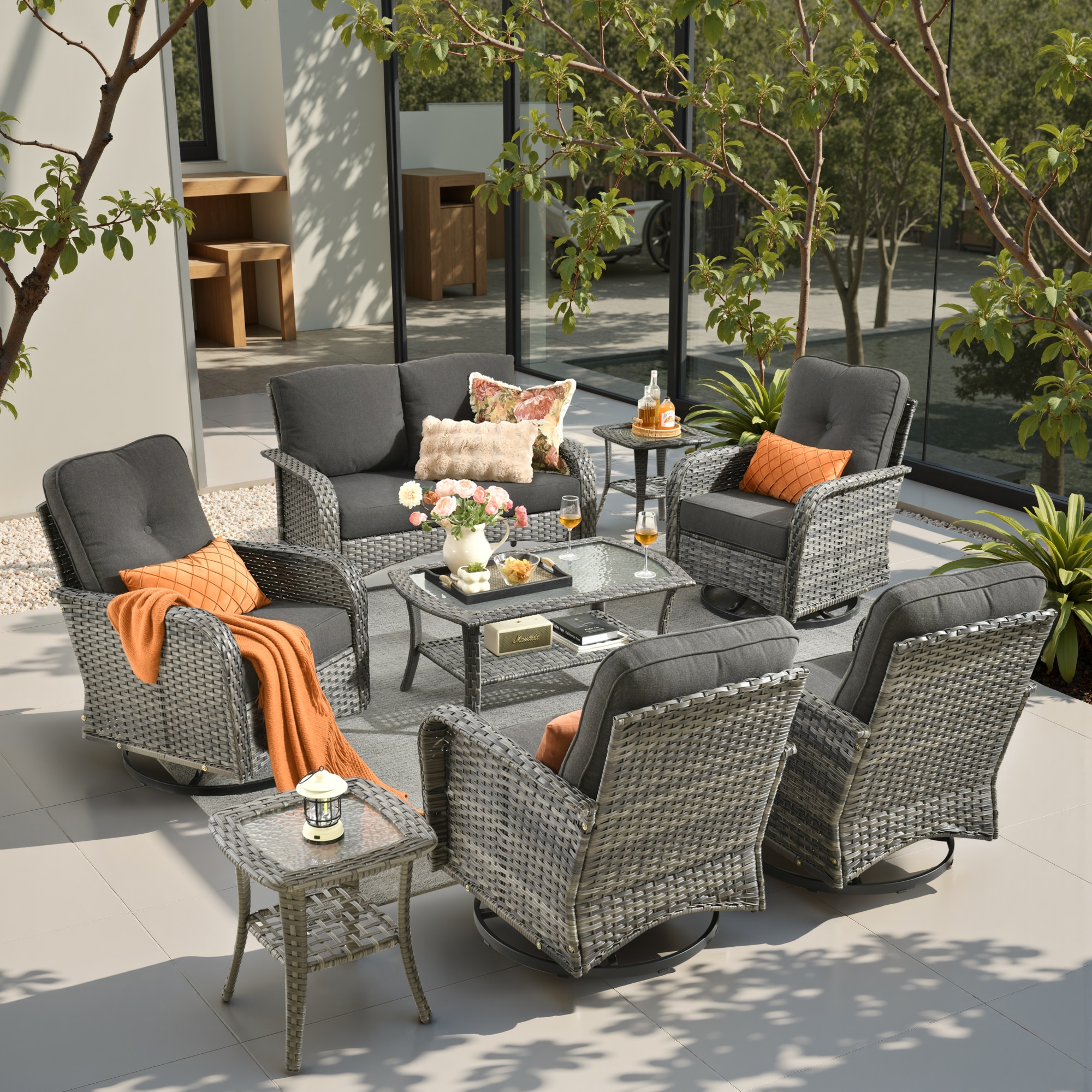 weaxty HMBYZGNCGNDS100S81 Initial 8 -Piece Wicker Patio Conversation Set with Black Cushions