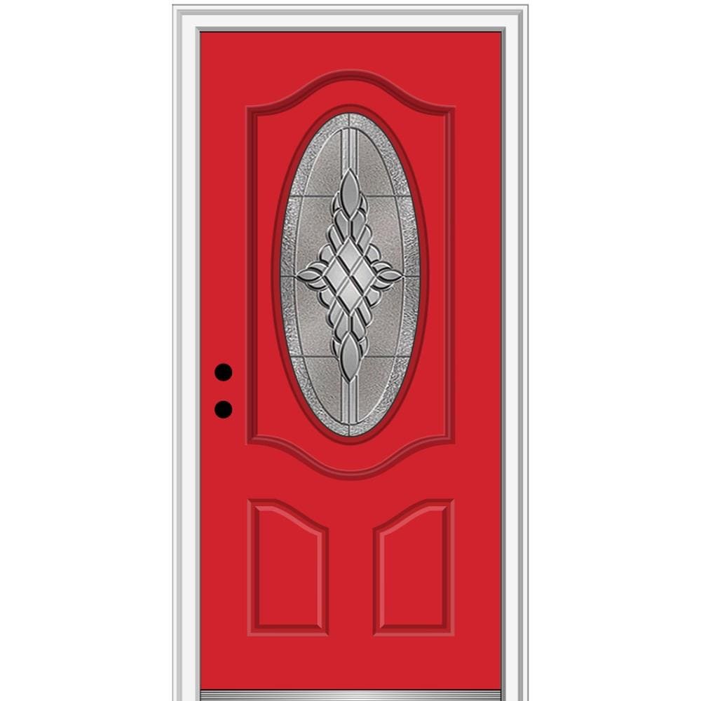 MMI DOOR ZZ3667292R 36-in x 80-in x 4-9/16-in Fiberglass Oval lite Right-hand inswing Red Saffron Painted Prehung Front Door with Brickmould Insulating core