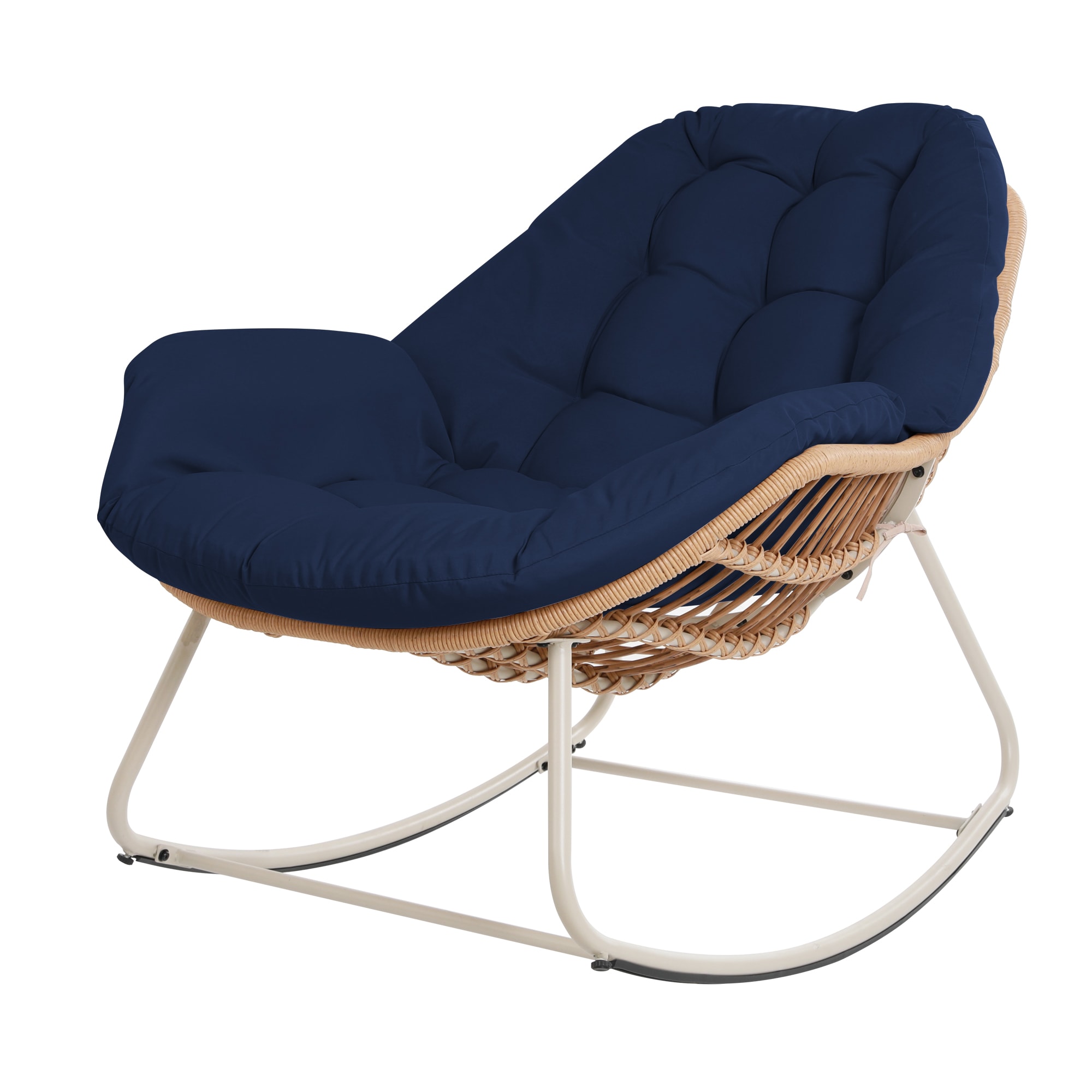 UPHA Y10BE-BLUE Rocking Chair Wicker Beige Metal Frame Rocking Chair with Blue Cushioned Seat