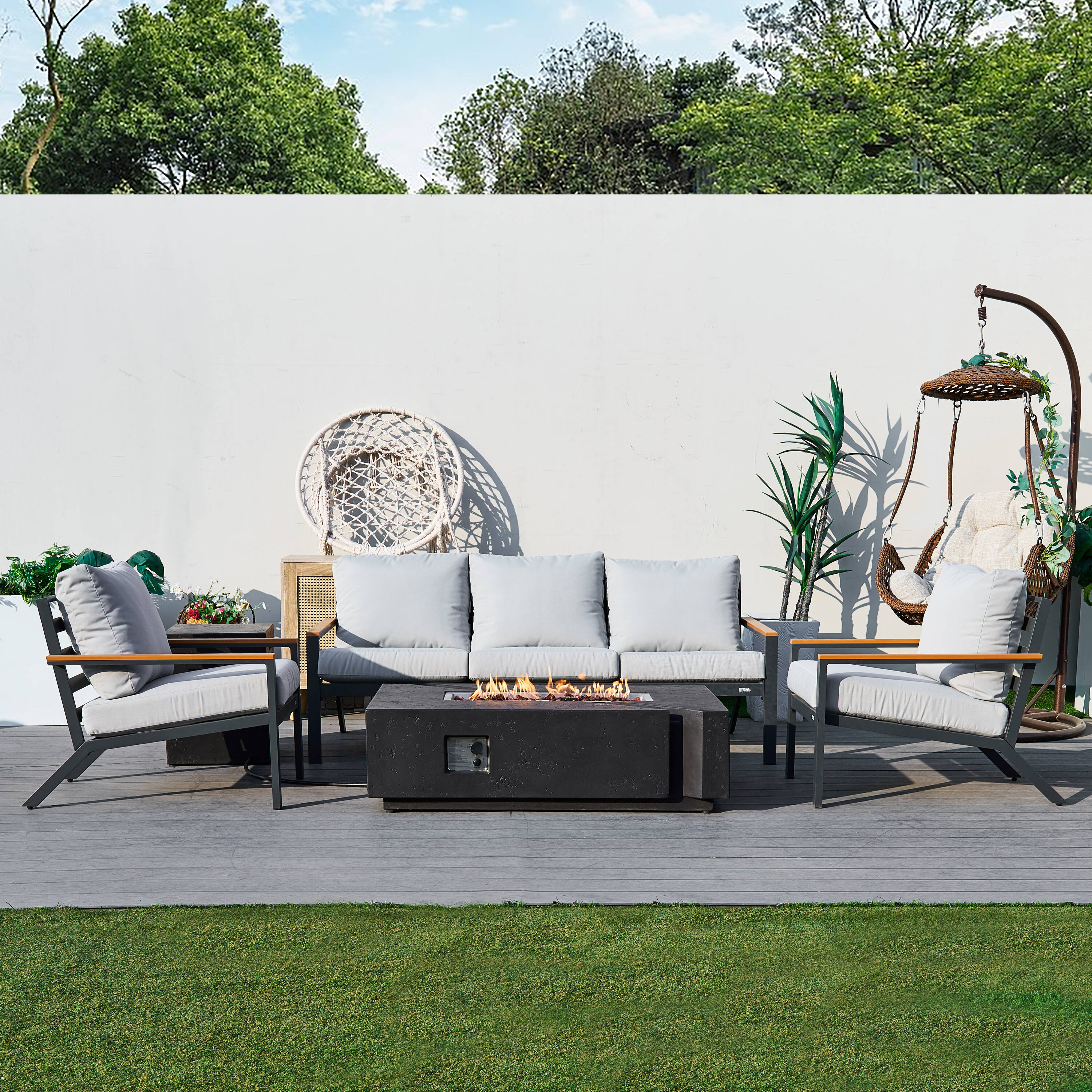 Direct Wicker DWS-2481TS2SC&913BK 5 -Piece 3 Patio Sofa Conversation Set with Gray Cushions