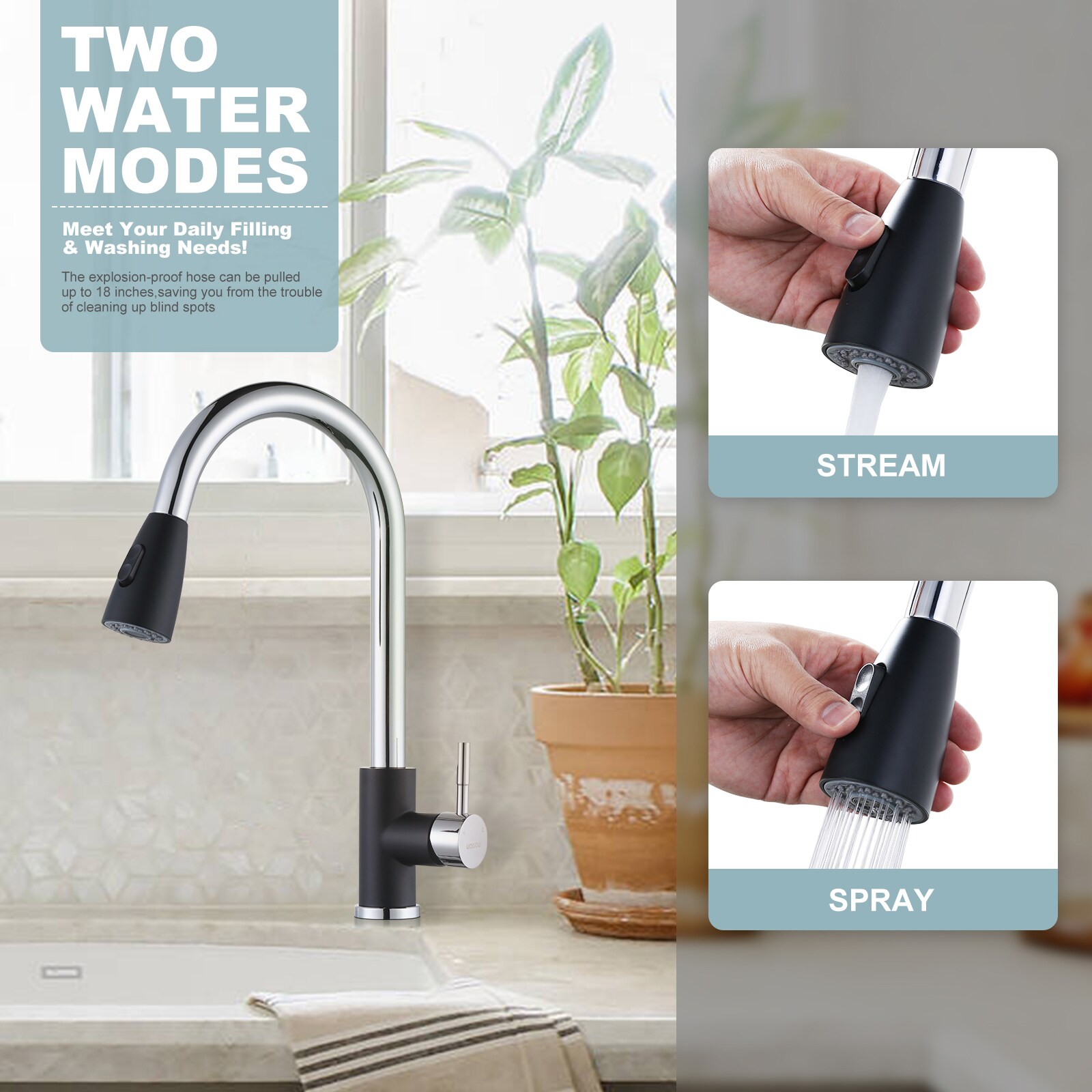 WOWOW pull down kitchen faucet Black and Chrome Single Handle Pull-down  Kitchen Faucet with Deck Plate in the Kitchen Faucets department at 