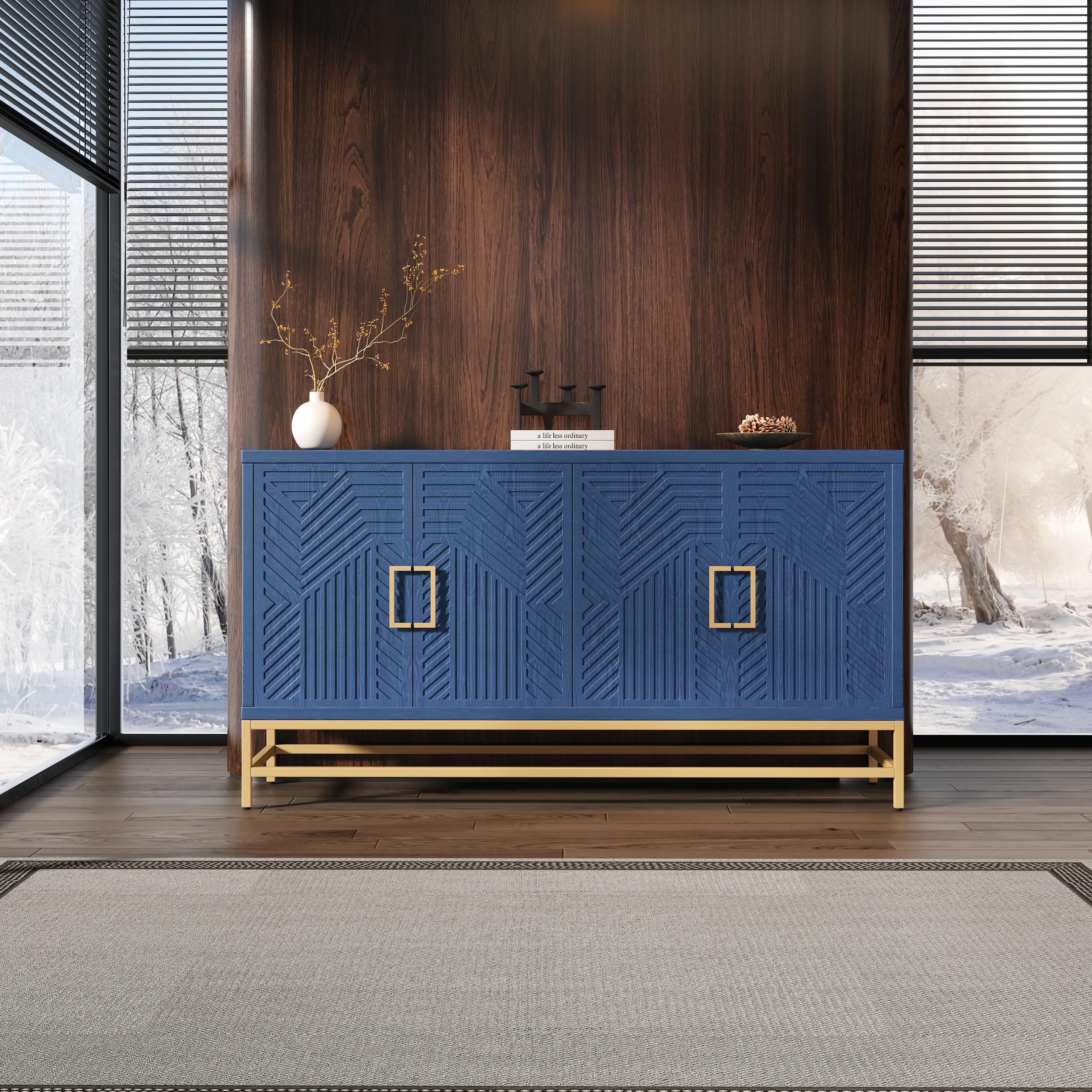 ModernLuxe N715P232695M Sideboard Buffet Cabinet with Storage sideboard cabinet with Adjustable Shelves Rectangular Metal Handles and Legs for Kitchen Living room and Dining Room Navy
