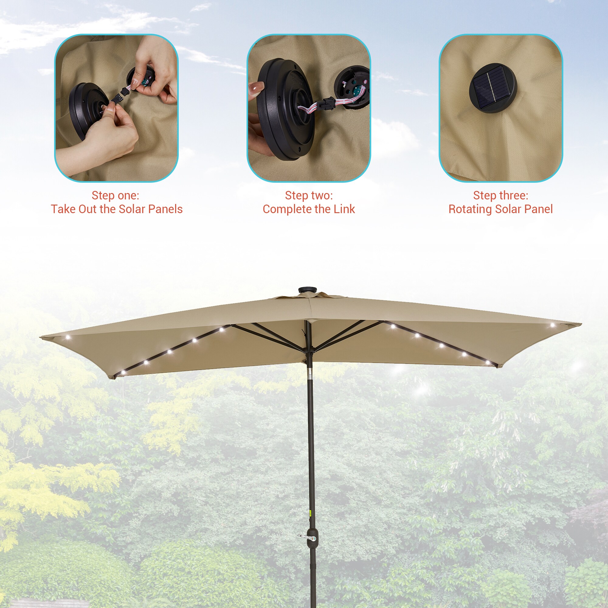 ACEGOSES 10-ft Aluminum Tan Push-button Tilt Market Patio Umbrella with Lights